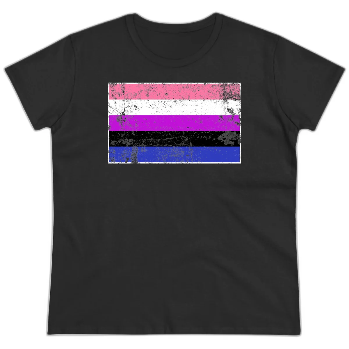 Genderqueer pride flag with horizontal stripes in hot pink, white, magenta, black, and blue featuring distressed grunge texture in Black