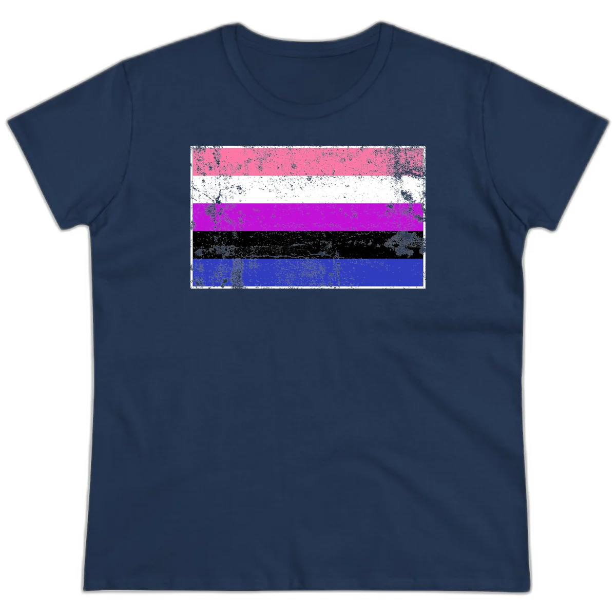 Genderqueer pride flag with horizontal stripes in hot pink, white, magenta, black, and blue featuring distressed grunge texture in Navy