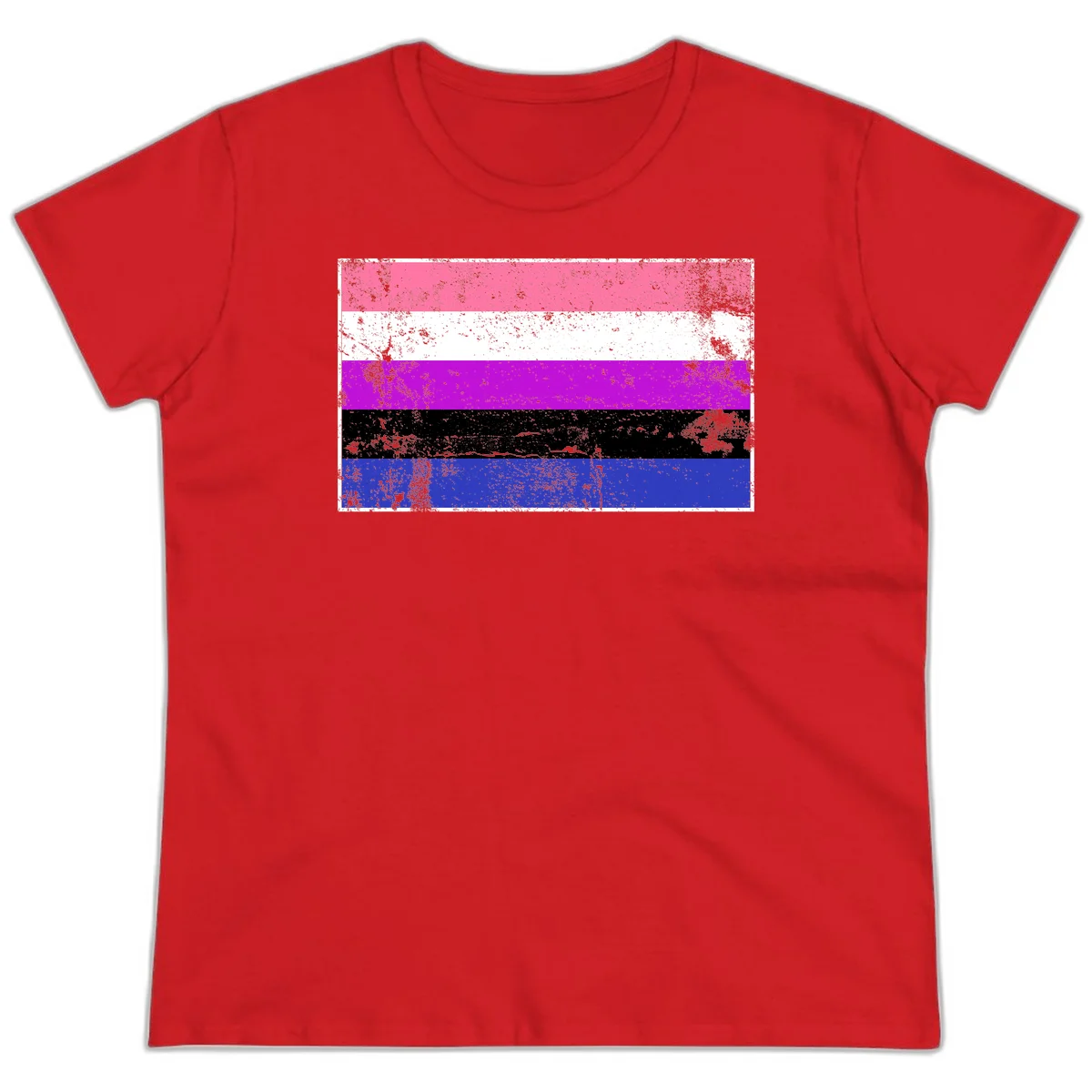 Genderqueer pride flag with horizontal stripes in hot pink, white, magenta, black, and blue featuring distressed grunge texture in Red