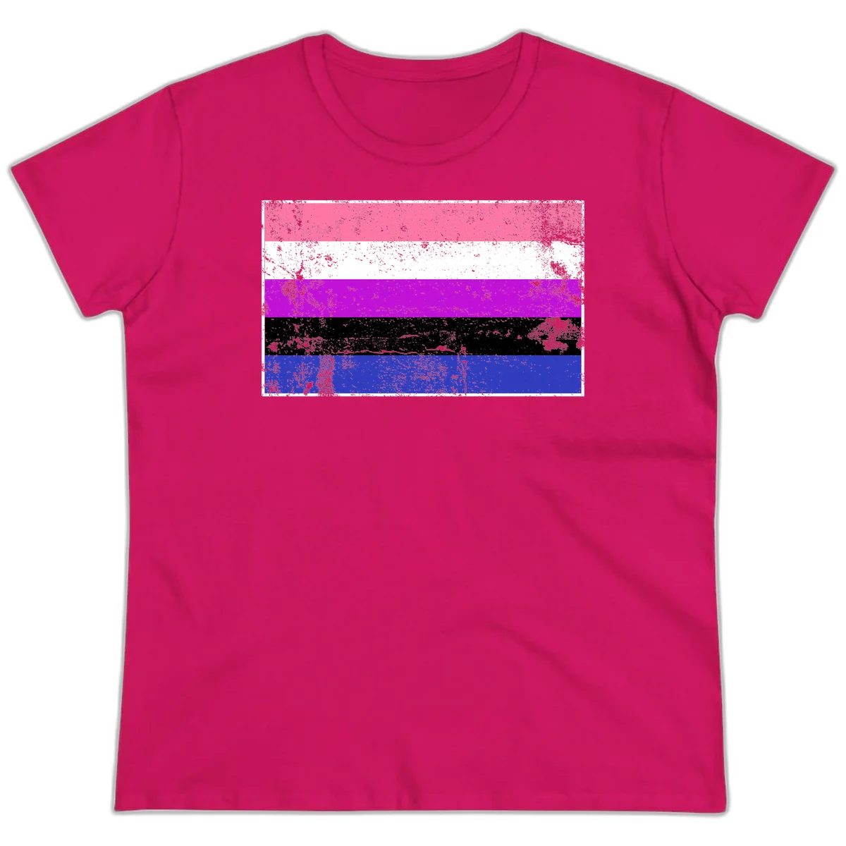 Genderqueer pride flag with horizontal stripes in hot pink, white, magenta, black, and blue featuring distressed grunge texture in Heliconia