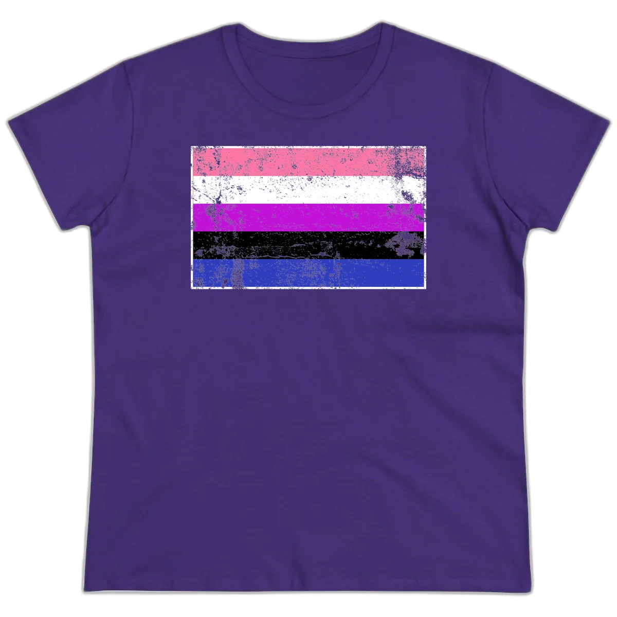 Genderqueer pride flag with horizontal stripes in hot pink, white, magenta, black, and blue featuring distressed grunge texture in Purple