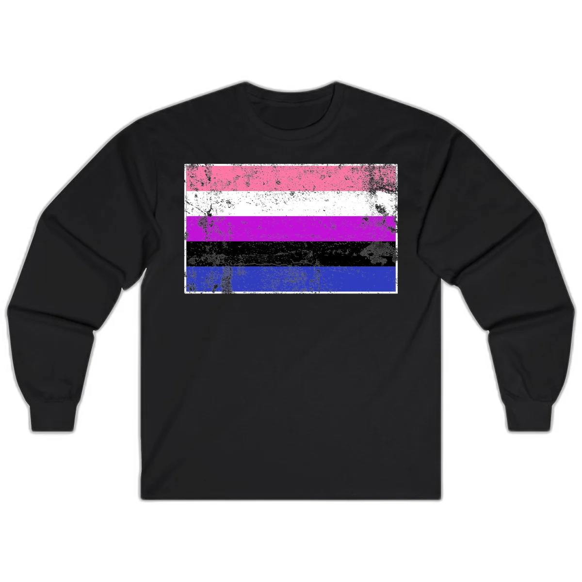 Genderqueer pride flag with horizontal stripes in hot pink, white, magenta, black, and blue featuring distressed grunge texture in Black