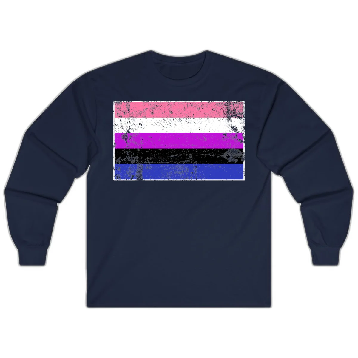 Genderqueer pride flag with horizontal stripes in hot pink, white, magenta, black, and blue featuring distressed grunge texture in Navy