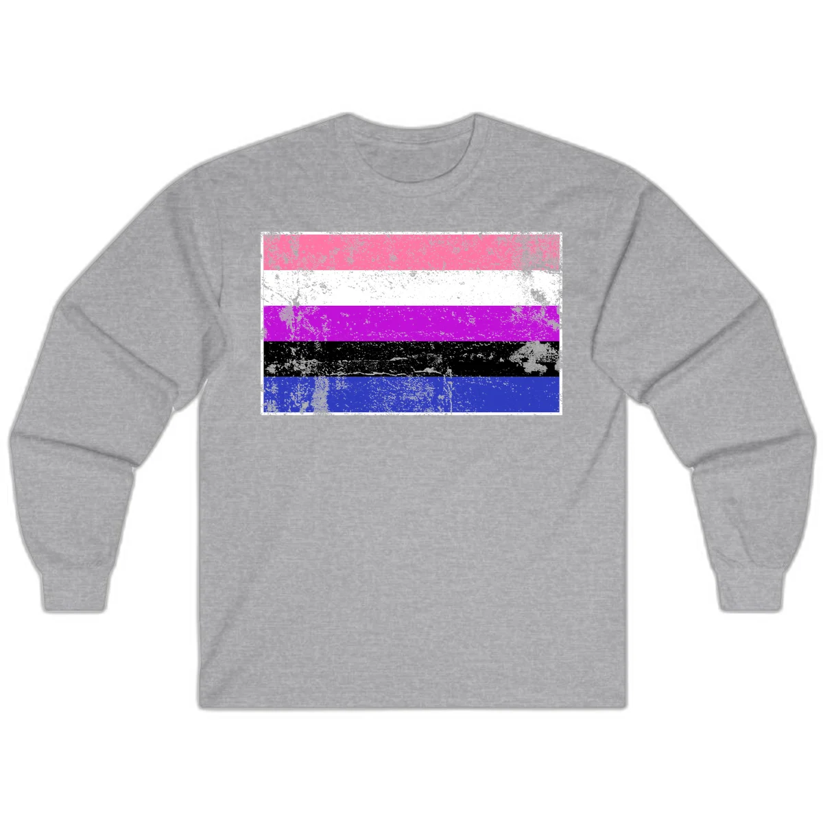 Genderqueer pride flag with horizontal stripes in hot pink, white, magenta, black, and blue featuring distressed grunge texture in Sport Grey