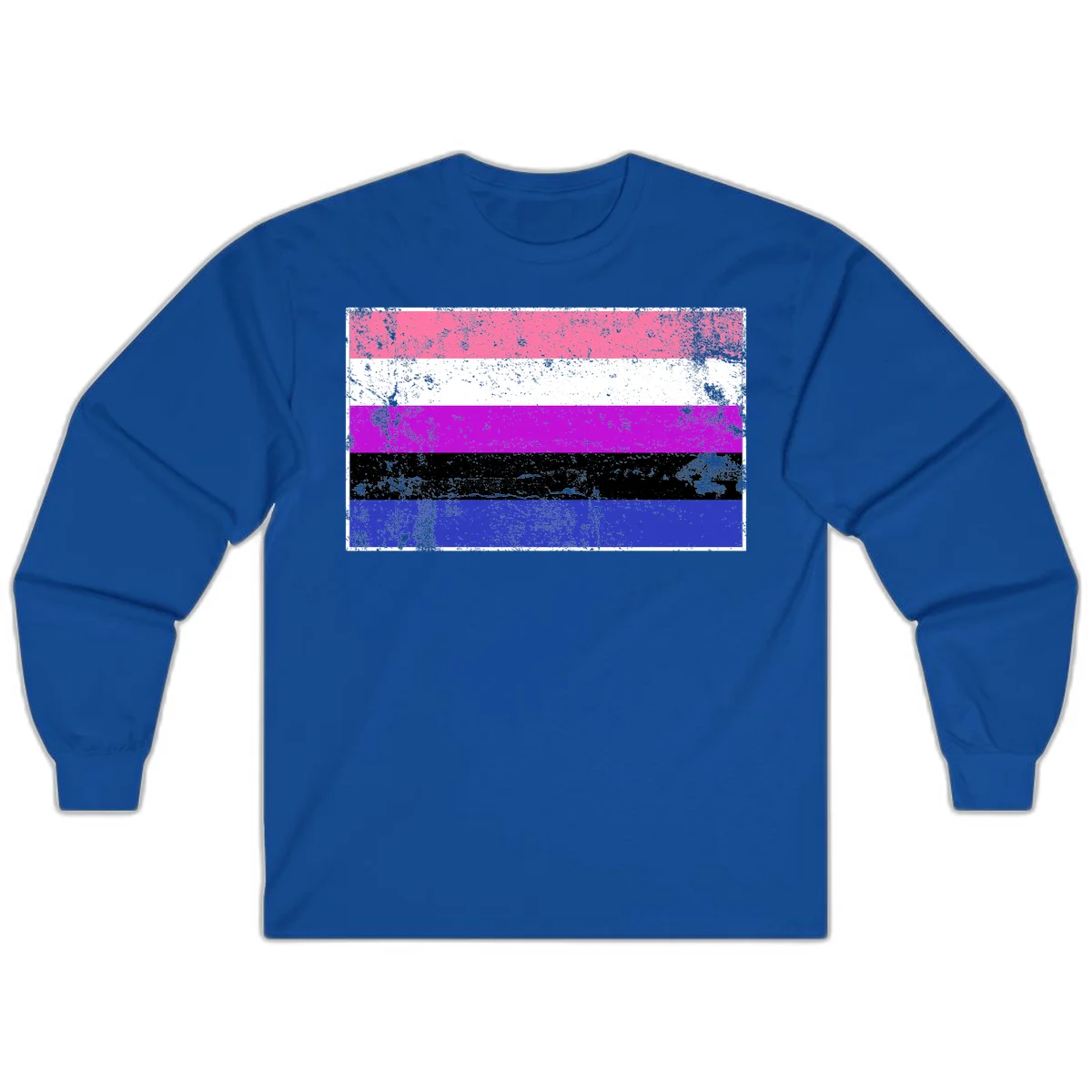 Genderqueer pride flag with horizontal stripes in hot pink, white, magenta, black, and blue featuring distressed grunge texture in Royal