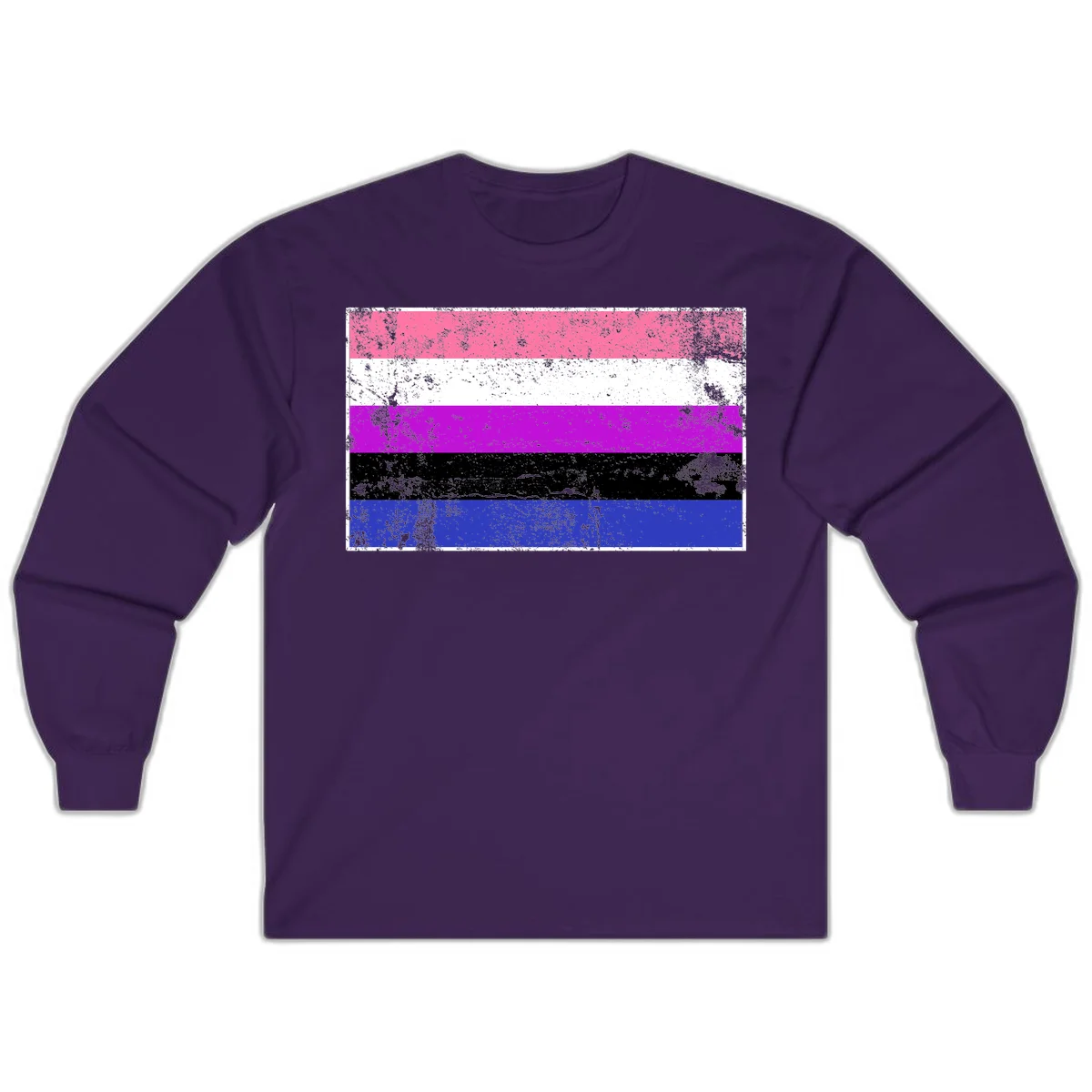 Genderqueer pride flag with horizontal stripes in hot pink, white, magenta, black, and blue featuring distressed grunge texture in Purple