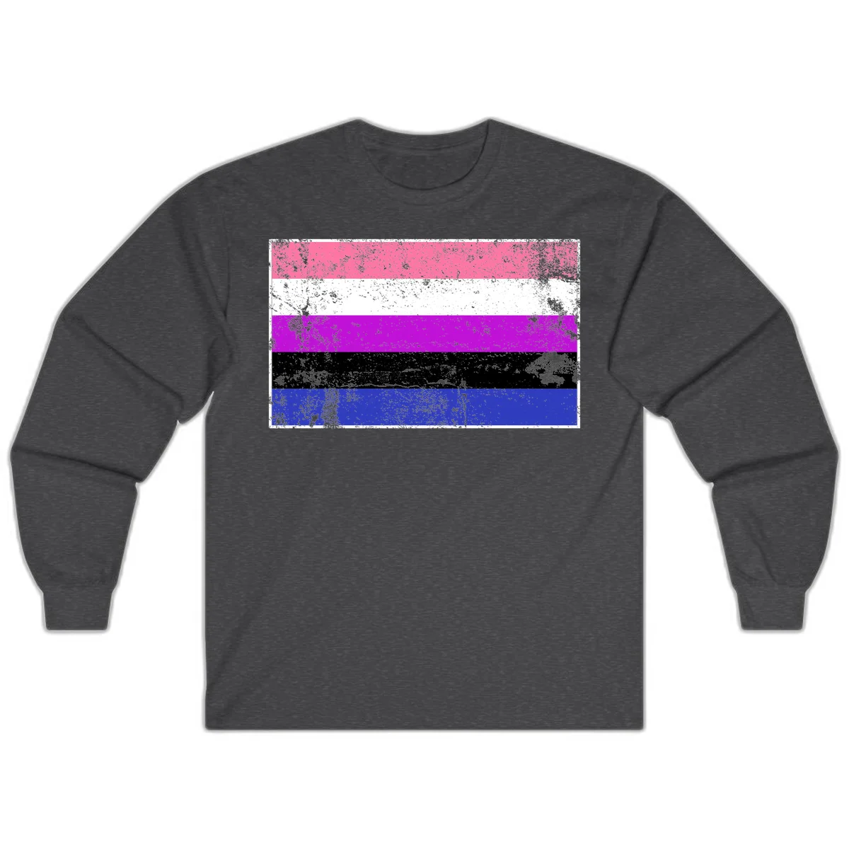 Genderqueer pride flag with horizontal stripes in hot pink, white, magenta, black, and blue featuring distressed grunge texture in Dark Heather