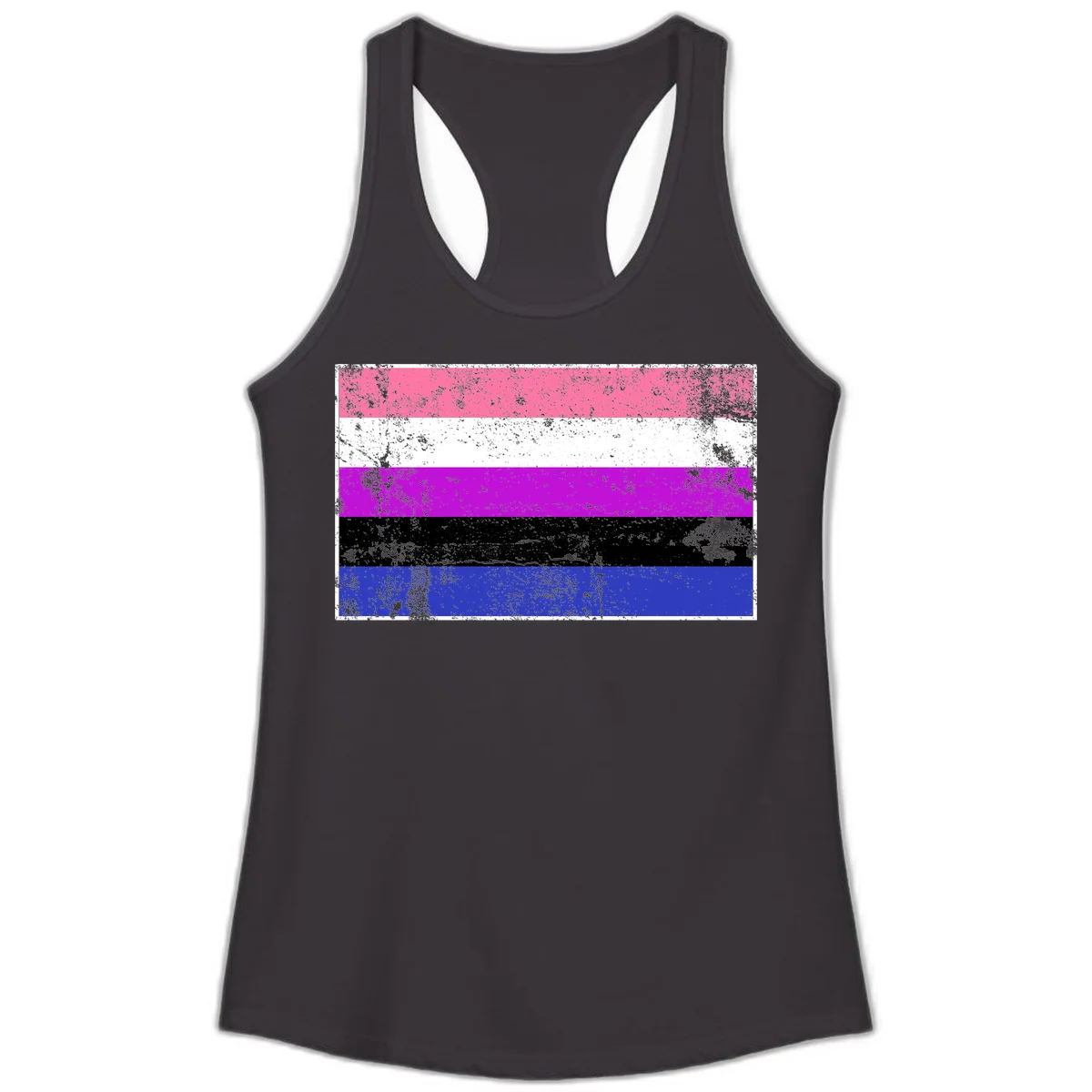 Genderqueer pride flag with horizontal stripes in hot pink, white, magenta, black, and blue featuring distressed grunge texture in Black