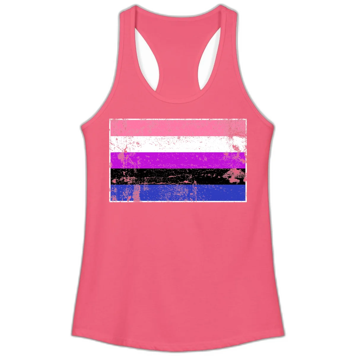 Genderqueer pride flag with horizontal stripes in hot pink, white, magenta, black, and blue featuring distressed grunge texture in Hot Pink
