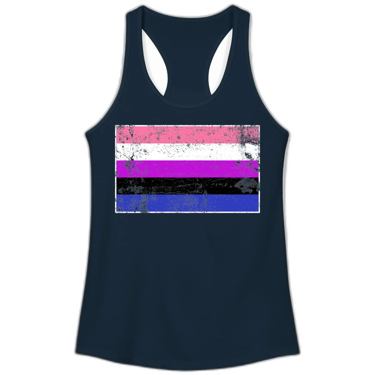 Genderqueer pride flag with horizontal stripes in hot pink, white, magenta, black, and blue featuring distressed grunge texture in Solid Midnight Navy