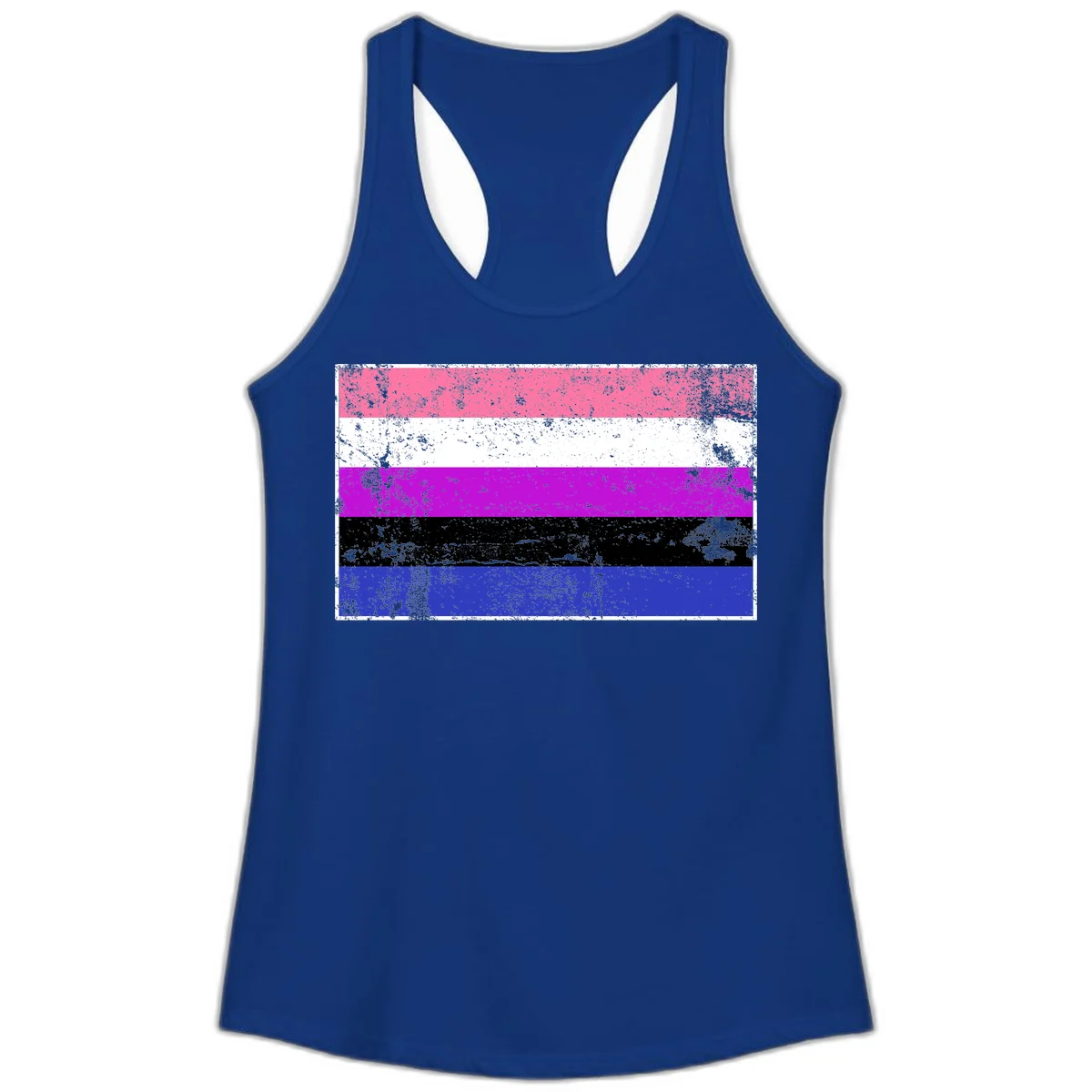 Genderqueer pride flag with horizontal stripes in hot pink, white, magenta, black, and blue featuring distressed grunge texture in Solid Royal