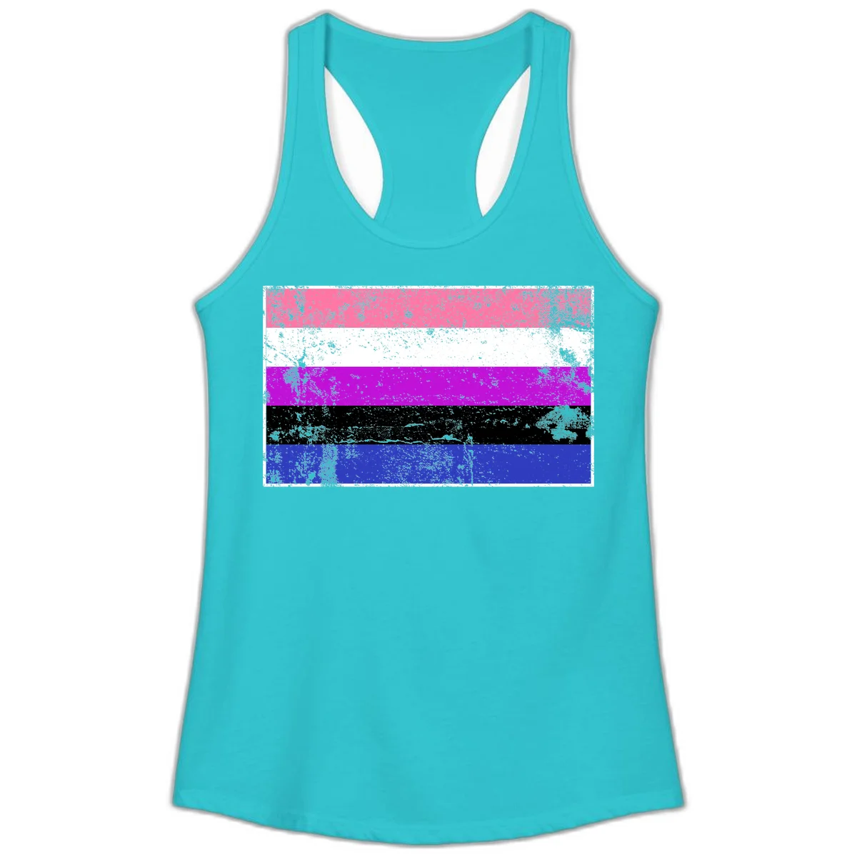 Genderqueer pride flag with horizontal stripes in hot pink, white, magenta, black, and blue featuring distressed grunge texture in Solid Tahiti Blue
