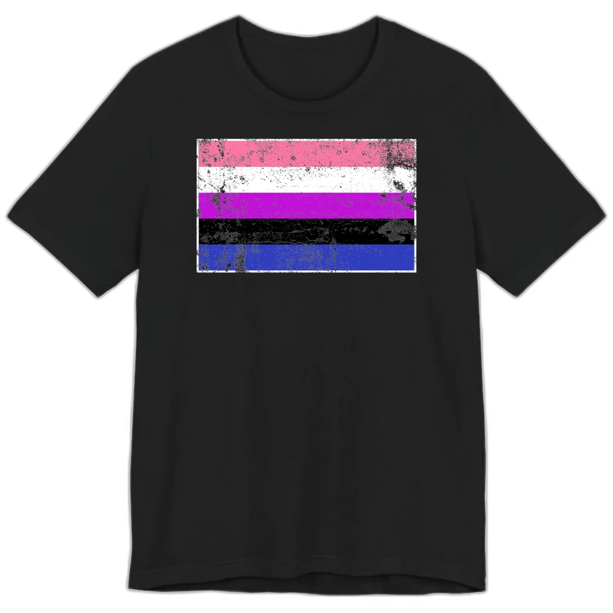 Genderqueer pride flag with horizontal stripes in hot pink, white, magenta, black, and blue featuring distressed grunge texture in Black