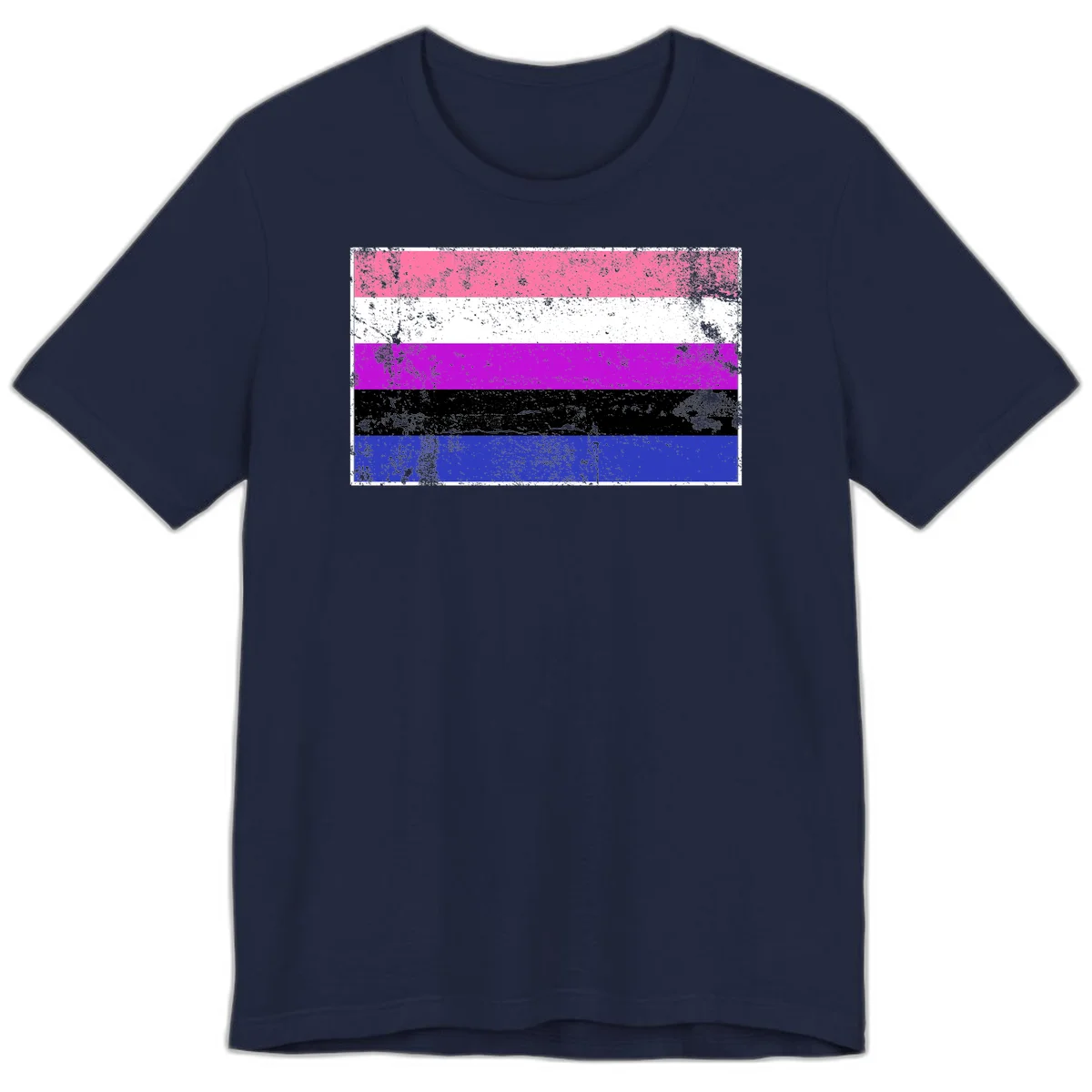 Genderqueer pride flag with horizontal stripes in hot pink, white, magenta, black, and blue featuring distressed grunge texture in Navy