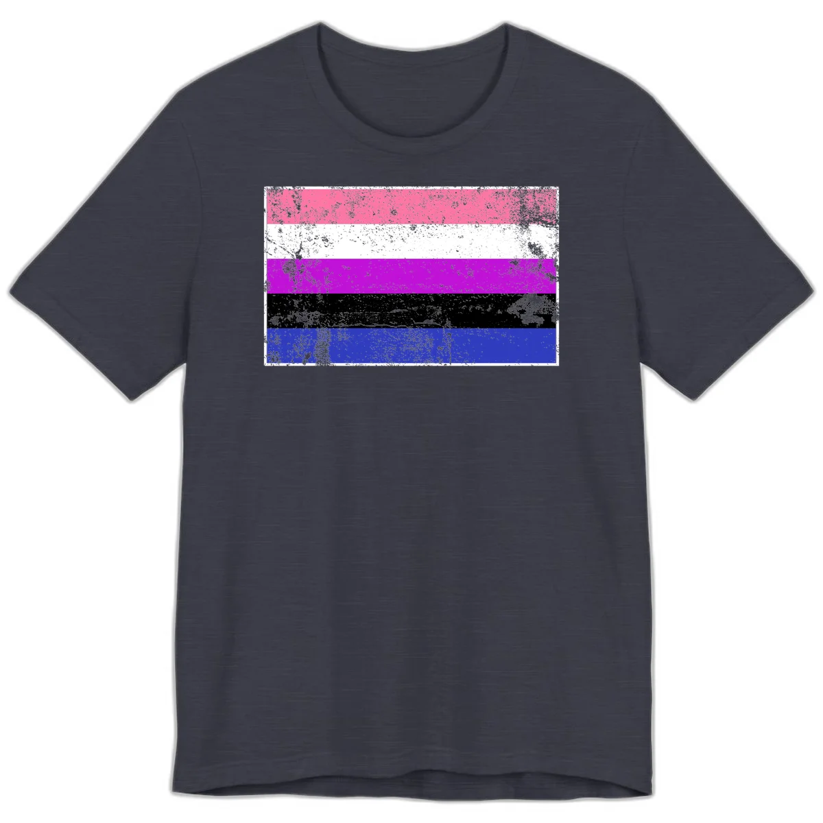 Genderqueer pride flag with horizontal stripes in hot pink, white, magenta, black, and blue featuring distressed grunge texture in Heather Midnight Navy
