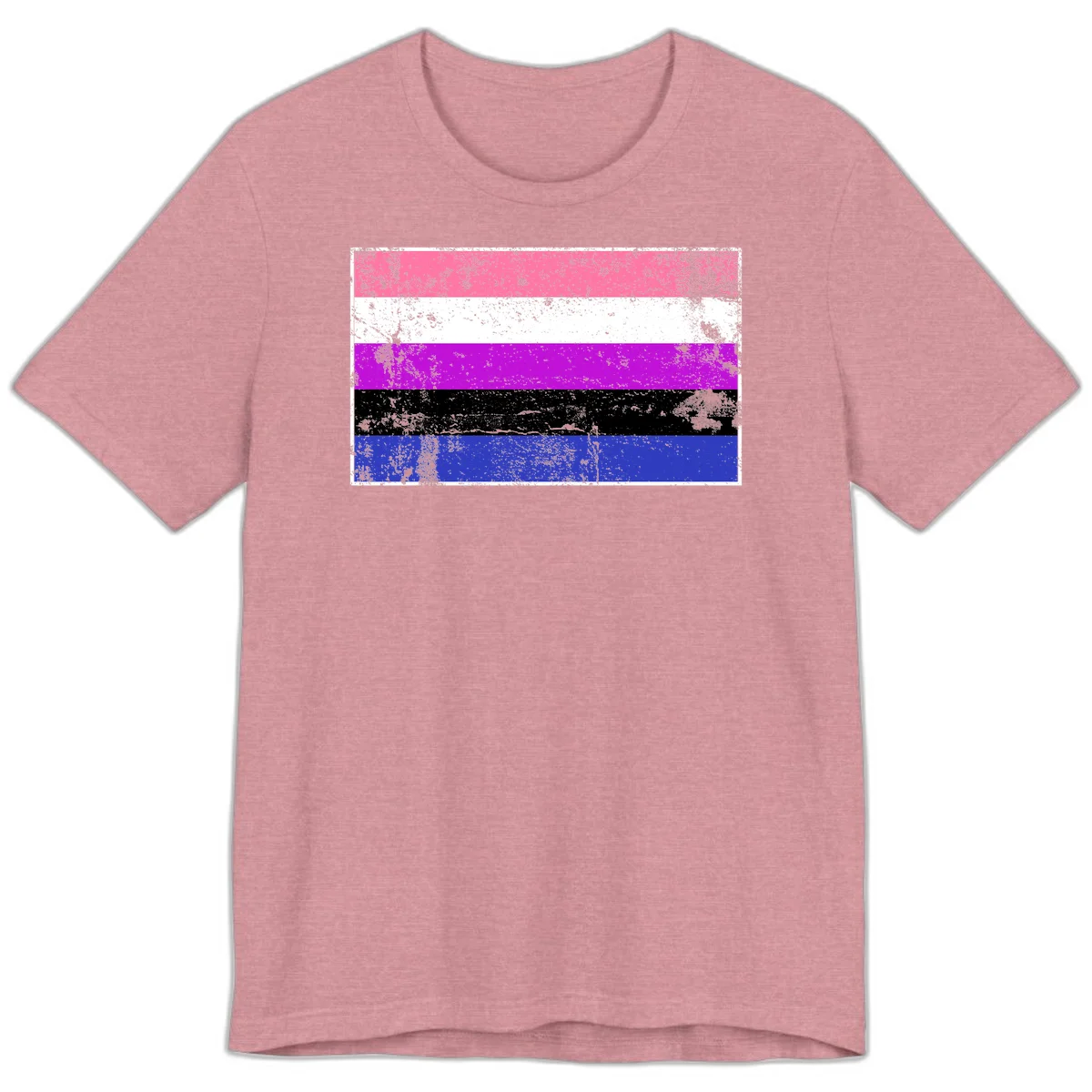 Genderqueer pride flag with horizontal stripes in hot pink, white, magenta, black, and blue featuring distressed grunge texture in Heather Orchid