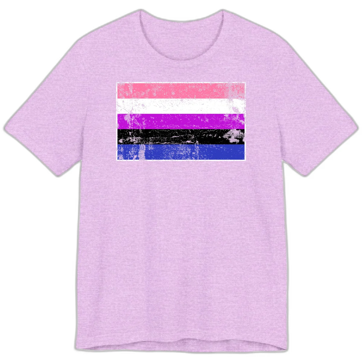 Genderqueer pride flag with horizontal stripes in hot pink, white, magenta, black, and blue featuring distressed grunge texture in Heather Prism Lilac