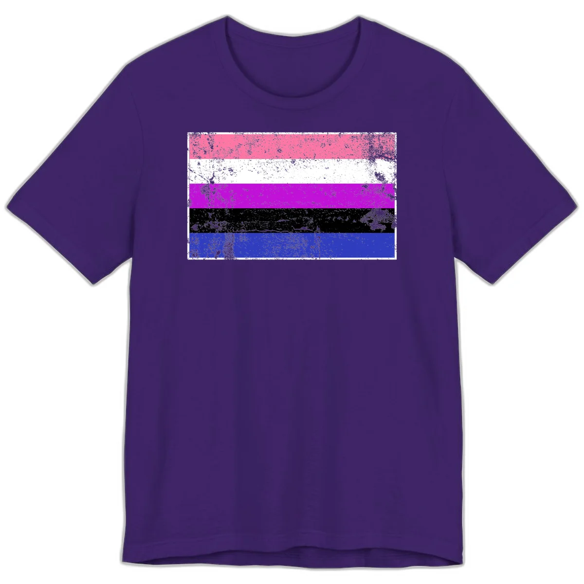Genderqueer pride flag with horizontal stripes in hot pink, white, magenta, black, and blue featuring distressed grunge texture in Team Purple