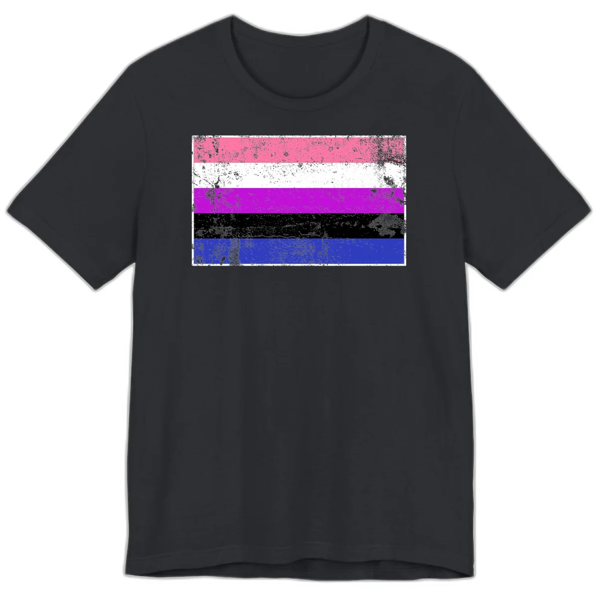 Genderqueer pride flag with horizontal stripes in hot pink, white, magenta, black, and blue featuring distressed grunge texture in Vintage Black