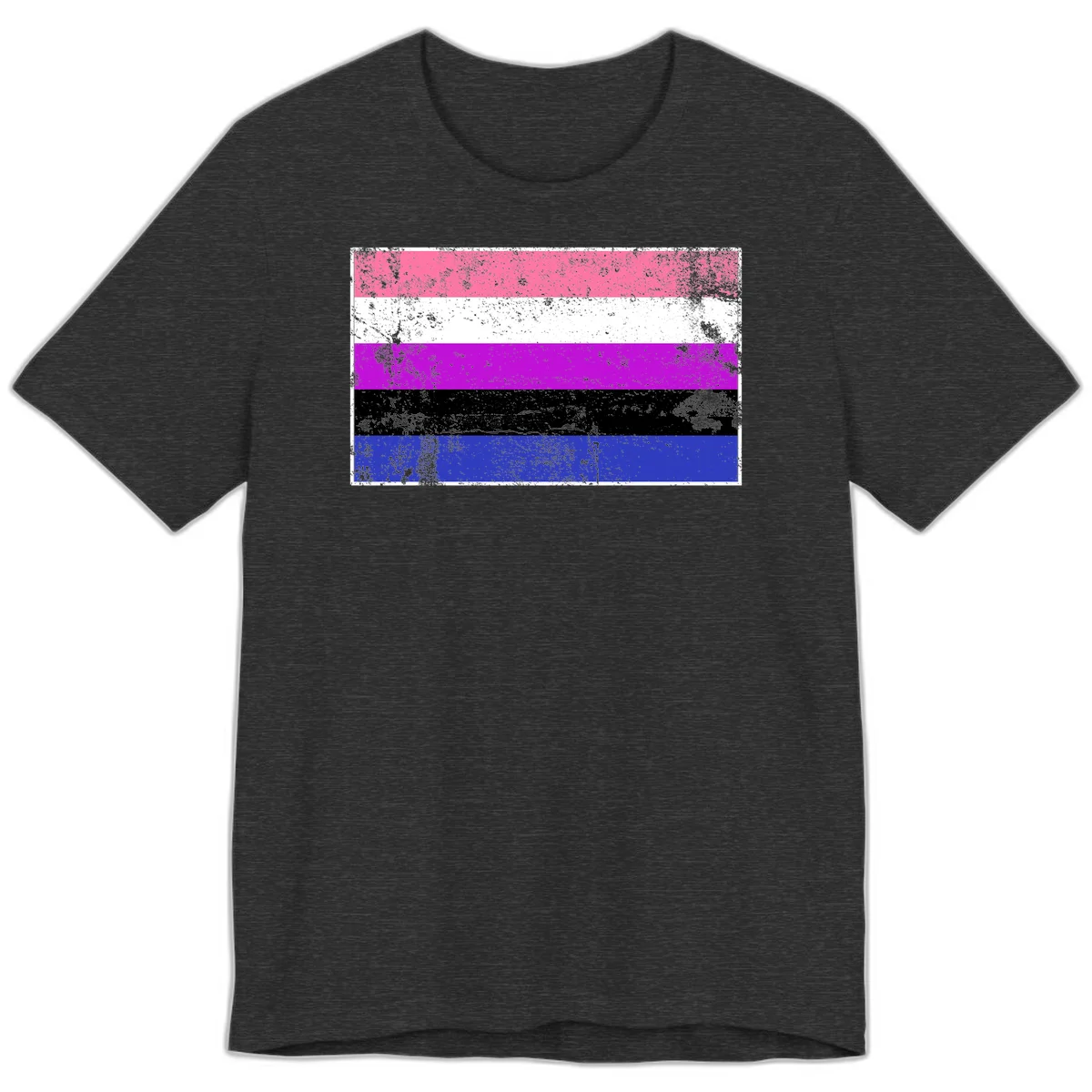 Genderqueer pride flag with horizontal stripes in hot pink, white, magenta, black, and blue featuring distressed grunge texture in Dark Grey Heather