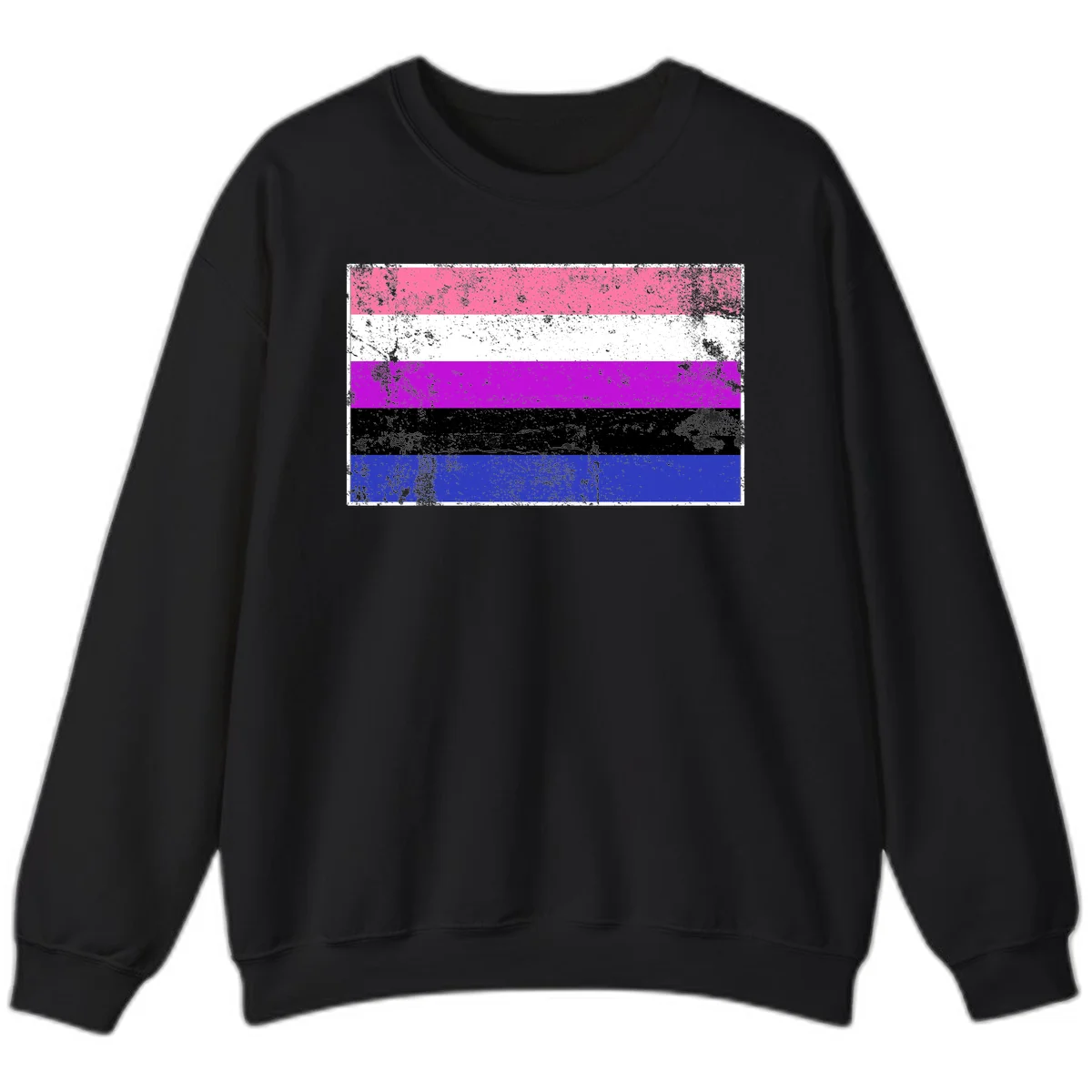 Genderqueer pride flag with horizontal stripes in hot pink, white, magenta, black, and blue featuring distressed grunge texture in Black