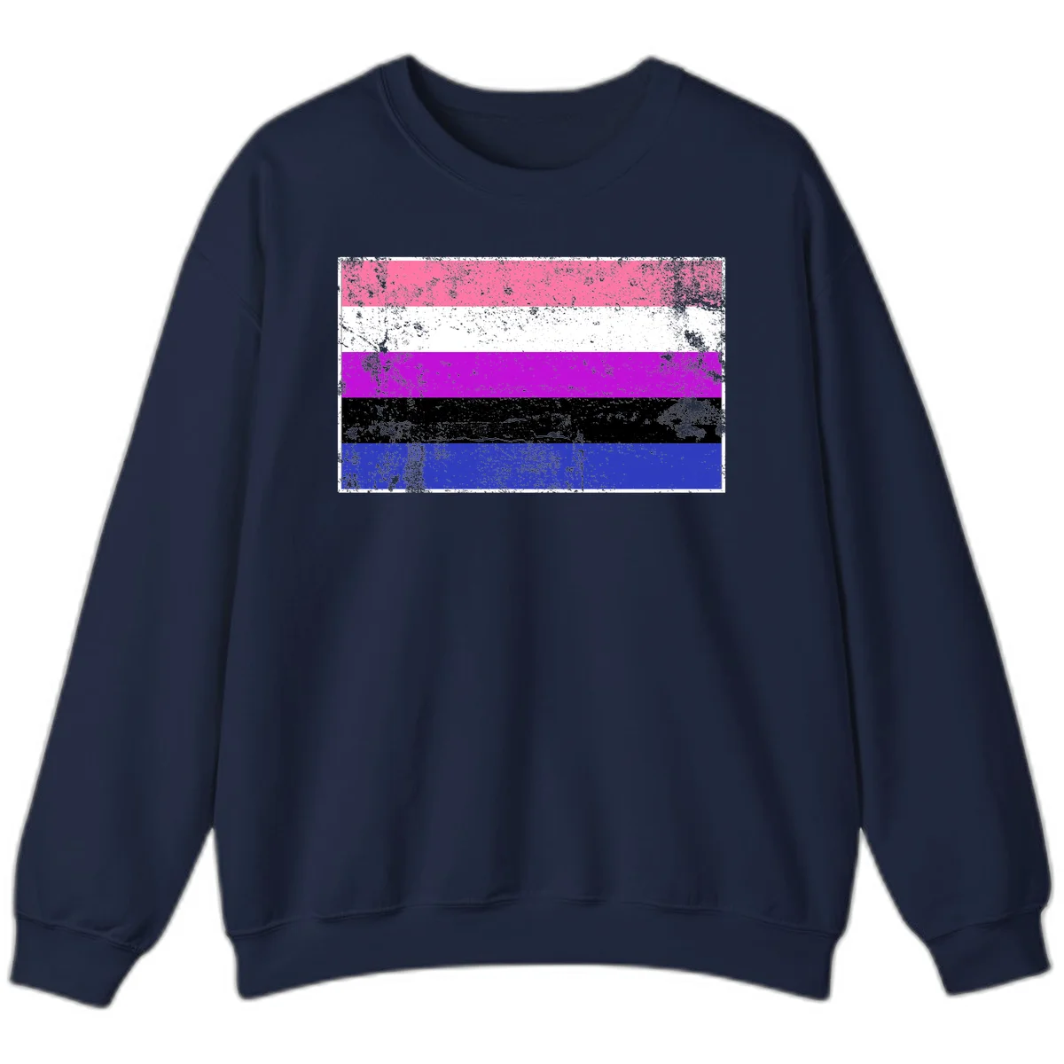 Genderqueer pride flag with horizontal stripes in hot pink, white, magenta, black, and blue featuring distressed grunge texture in Navy