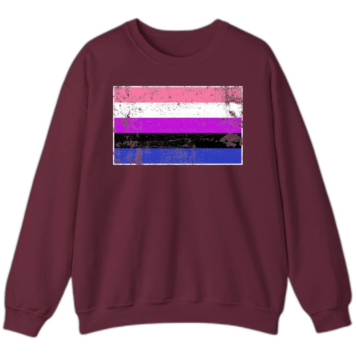 Genderqueer pride flag with horizontal stripes in hot pink, white, magenta, black, and blue featuring distressed grunge texture in Maroon