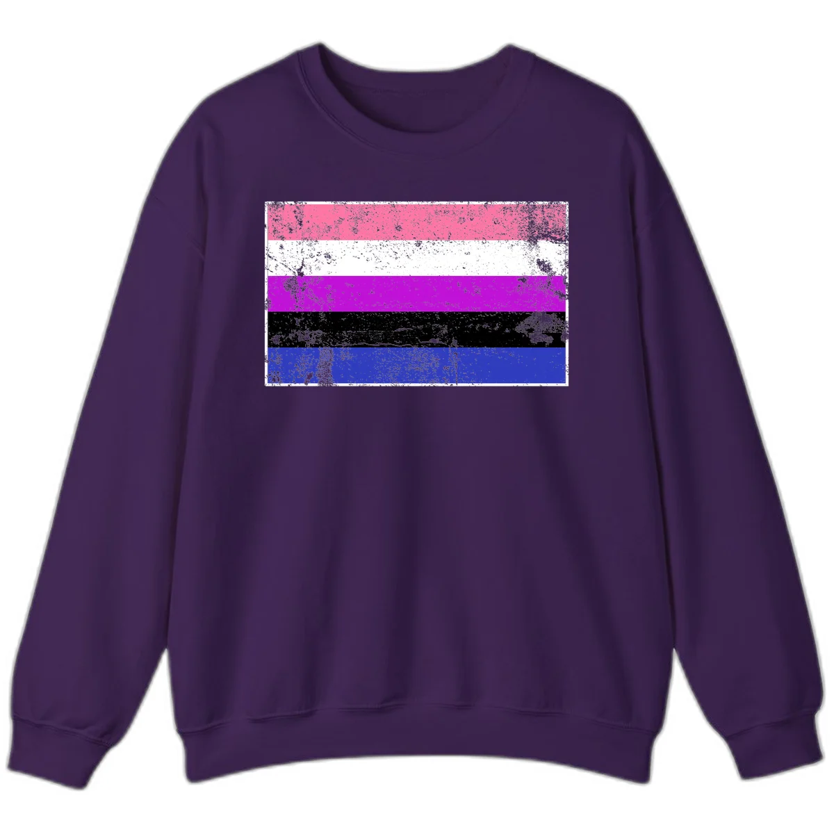 Genderqueer pride flag with horizontal stripes in hot pink, white, magenta, black, and blue featuring distressed grunge texture in Purple