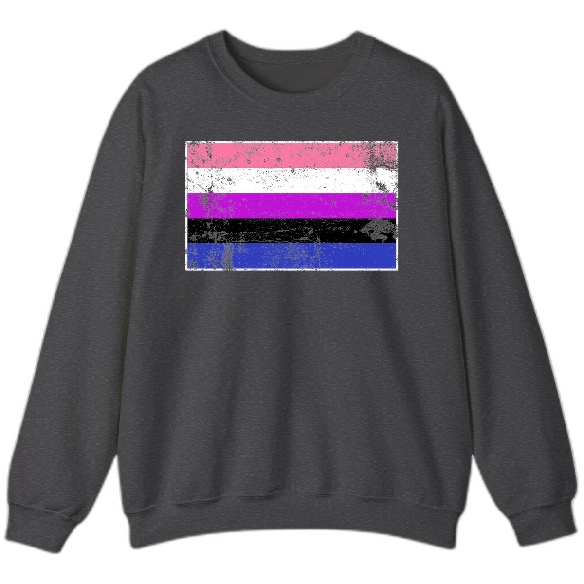Genderqueer pride flag with horizontal stripes in hot pink, white, magenta, black, and blue featuring distressed grunge texture in Dark Heather