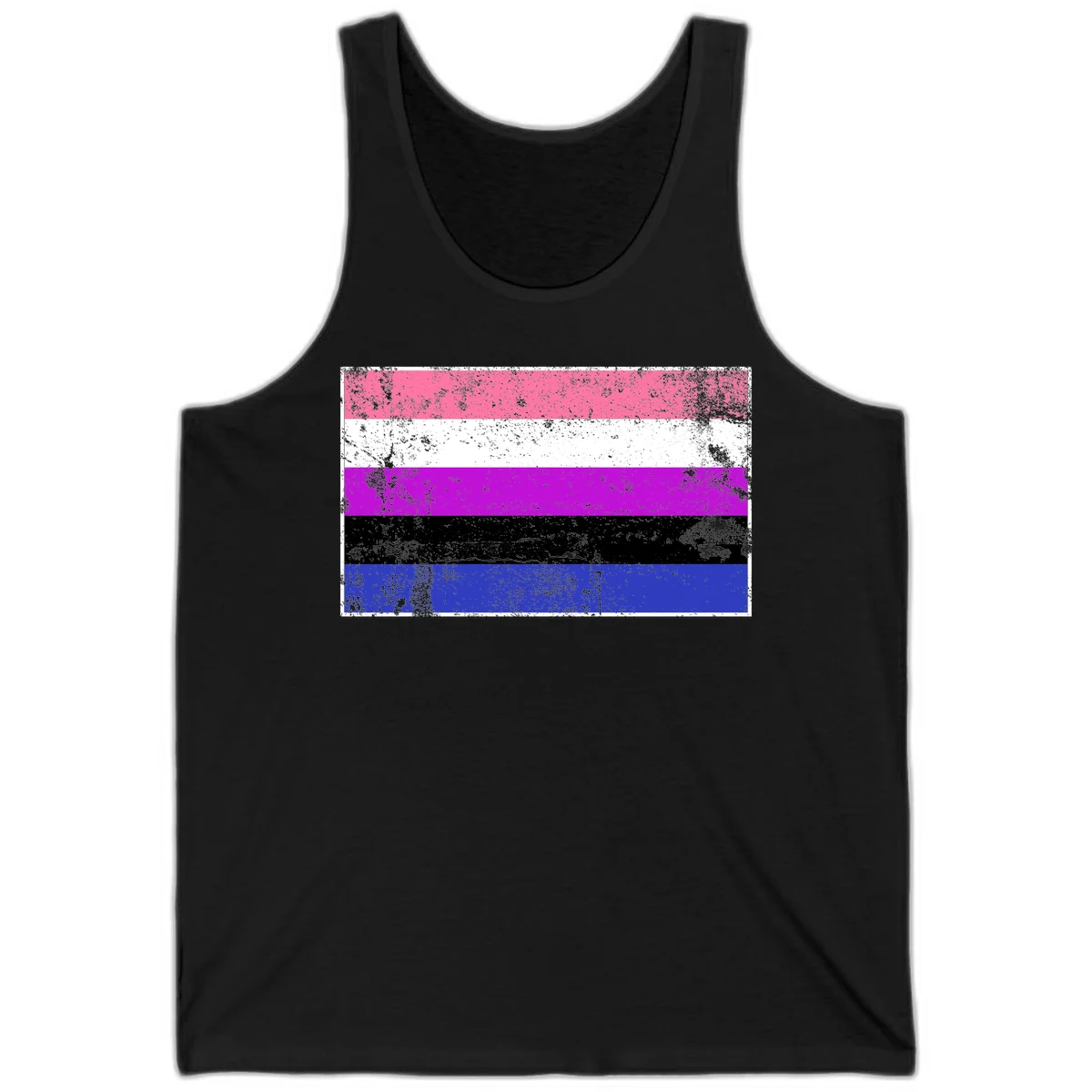 Genderqueer pride flag with horizontal stripes in hot pink, white, magenta, black, and blue featuring distressed grunge texture in Black