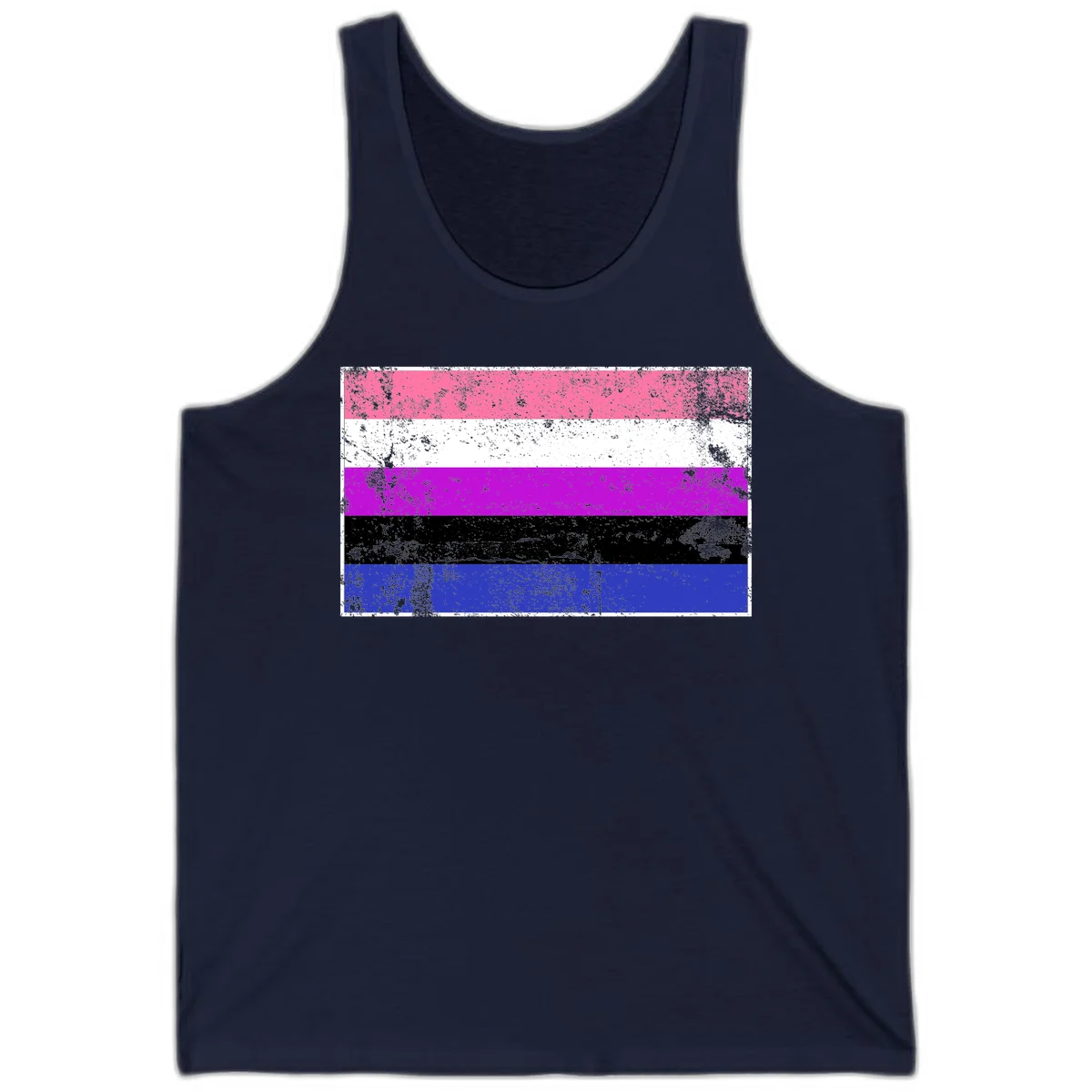 Genderqueer pride flag with horizontal stripes in hot pink, white, magenta, black, and blue featuring distressed grunge texture in Navy