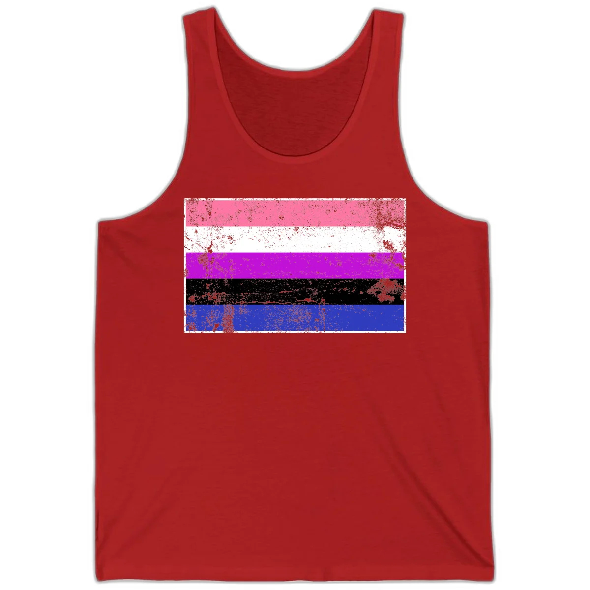 Genderqueer pride flag with horizontal stripes in hot pink, white, magenta, black, and blue featuring distressed grunge texture in Red
