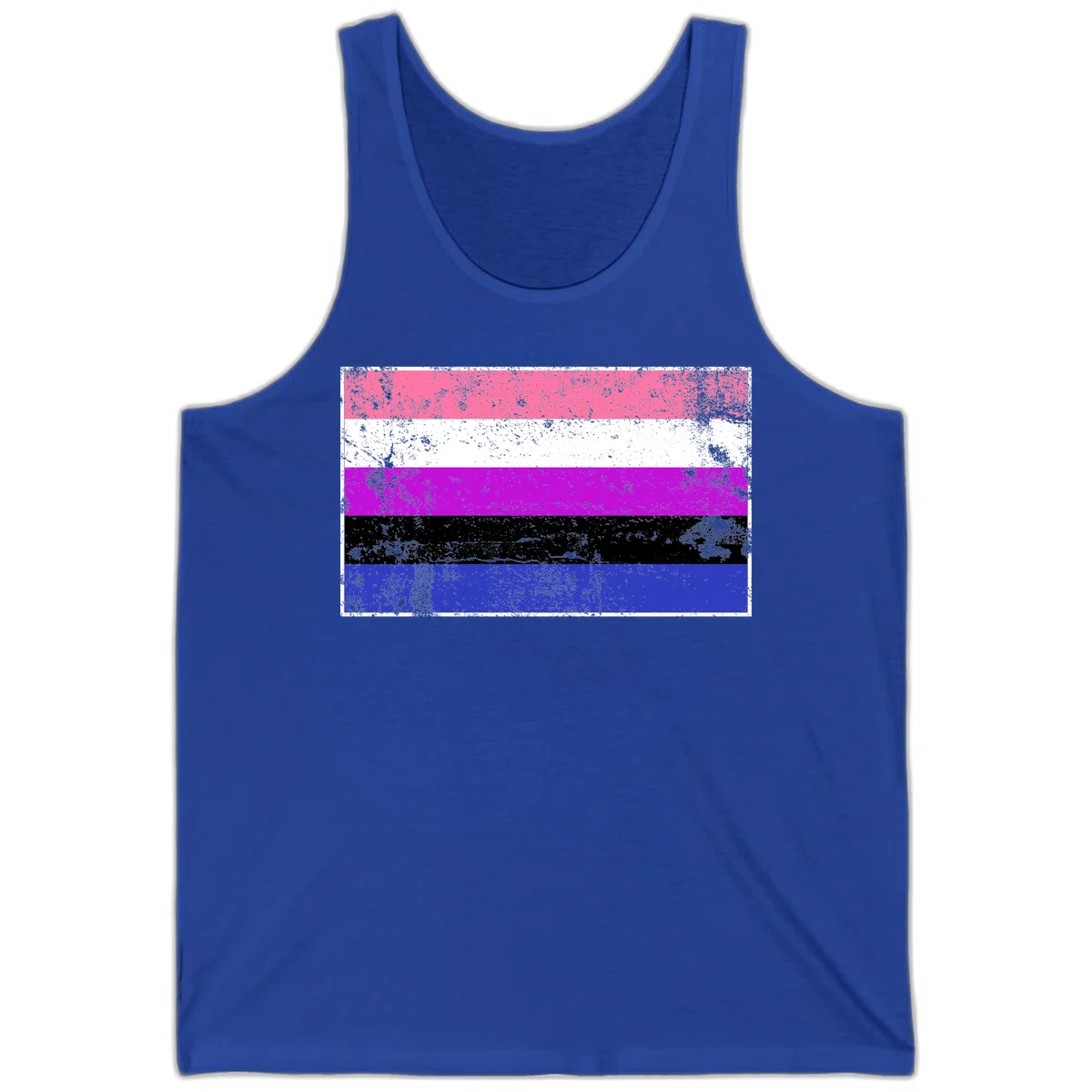 Genderqueer pride flag with horizontal stripes in hot pink, white, magenta, black, and blue featuring distressed grunge texture in True Royal