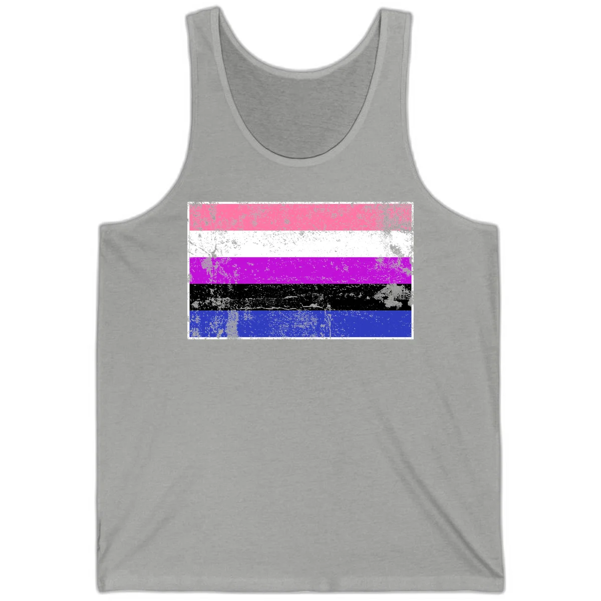 Genderqueer pride flag with horizontal stripes in hot pink, white, magenta, black, and blue featuring distressed grunge texture in Athletic Heather