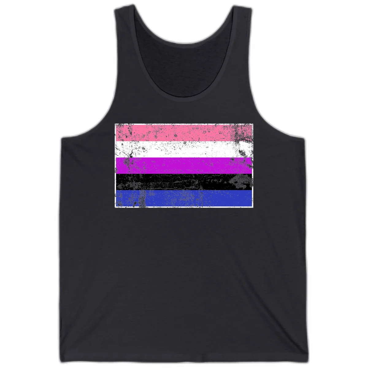 Genderqueer pride flag with horizontal stripes in hot pink, white, magenta, black, and blue featuring distressed grunge texture in Dark Grey