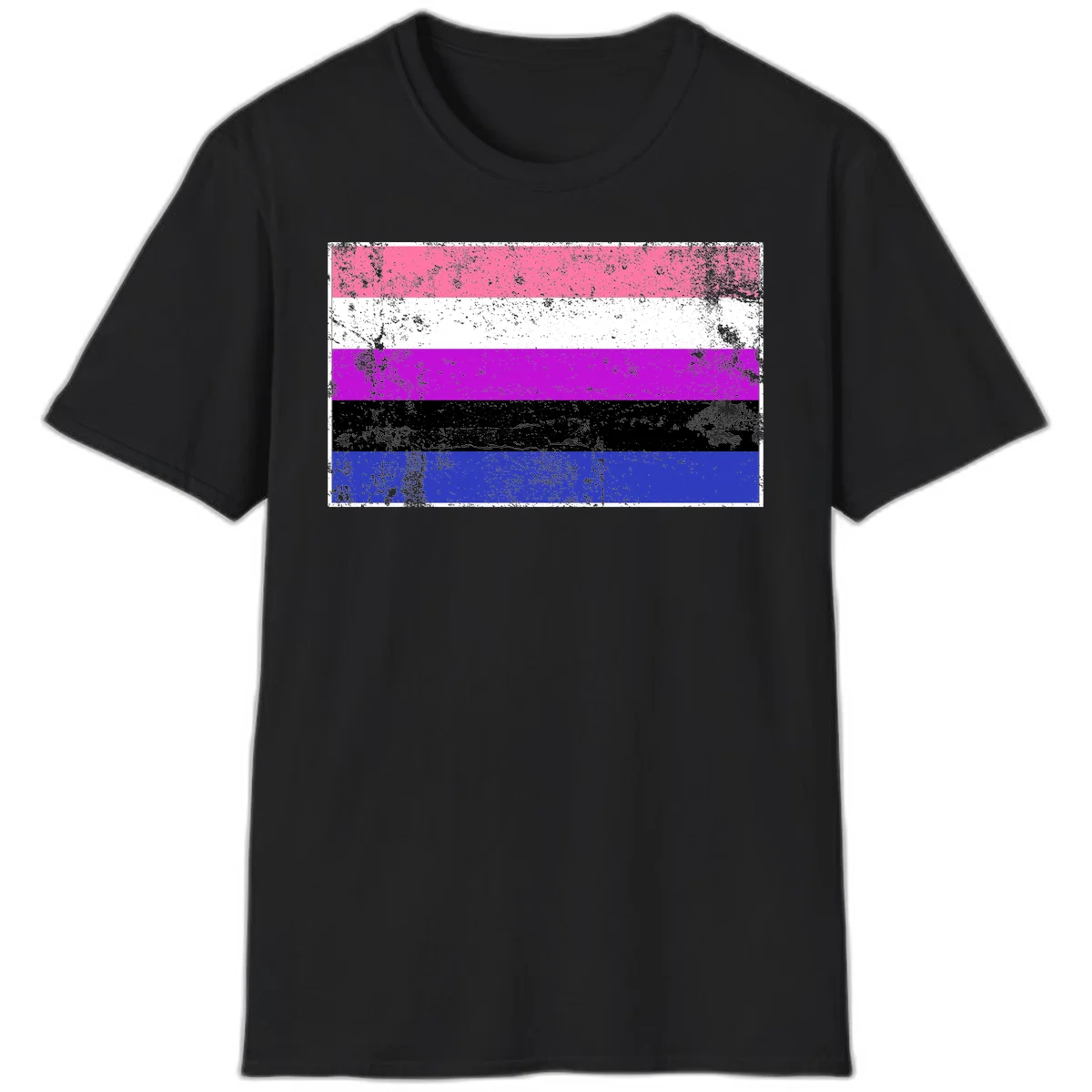 Genderqueer pride flag with horizontal stripes in hot pink, white, magenta, black, and blue featuring distressed grunge texture in Black