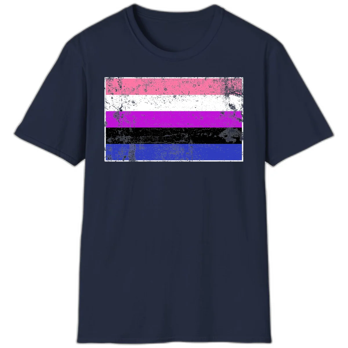 Genderqueer pride flag with horizontal stripes in hot pink, white, magenta, black, and blue featuring distressed grunge texture in Navy