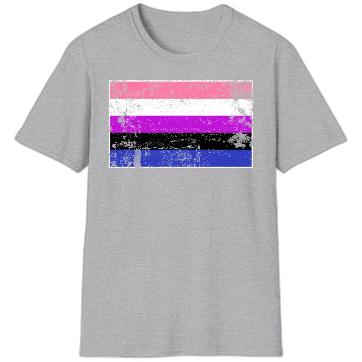 Genderqueer pride flag with horizontal stripes in hot pink, white, magenta, black, and blue featuring distressed grunge texture in Sport Grey
