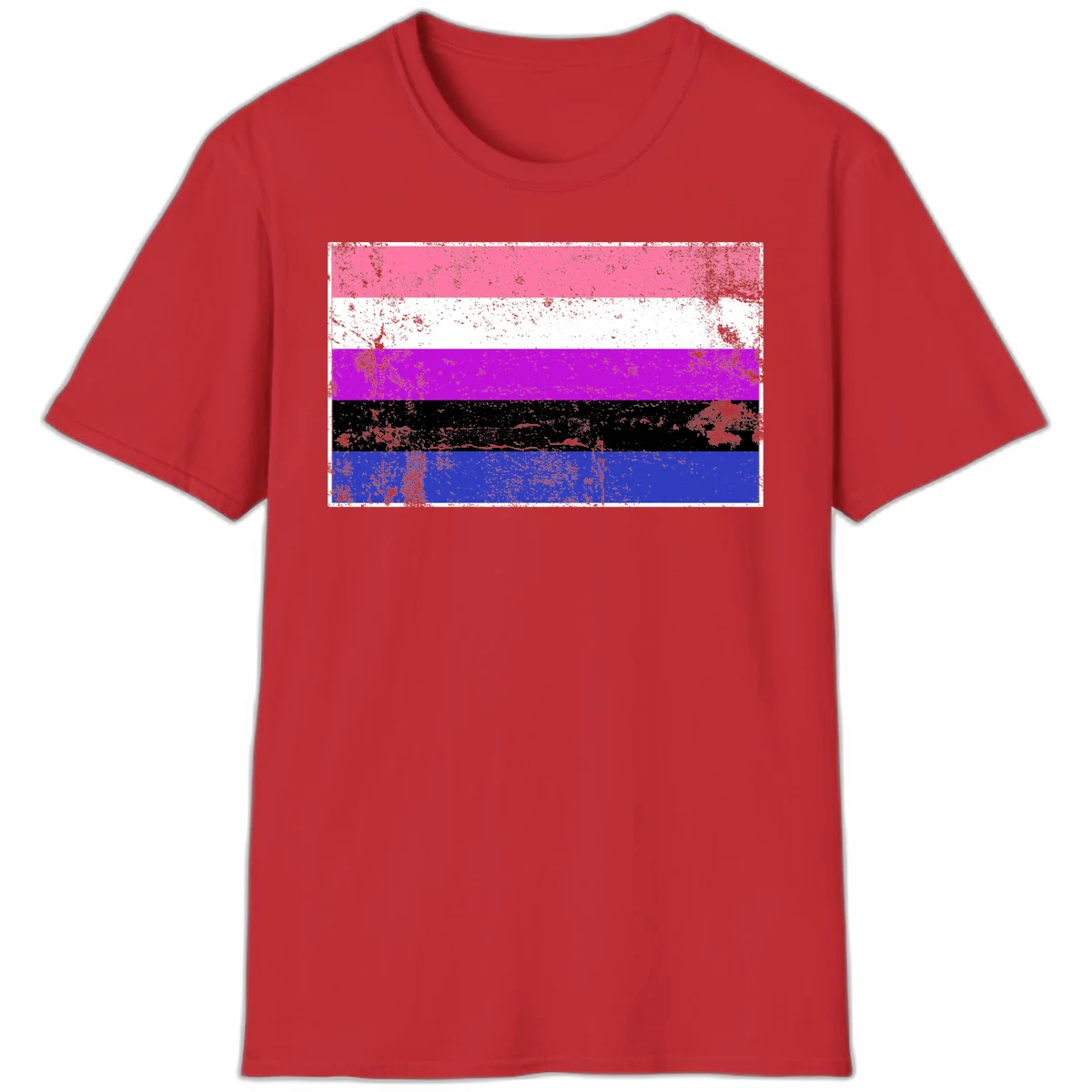 Genderqueer pride flag with horizontal stripes in hot pink, white, magenta, black, and blue featuring distressed grunge texture in Red