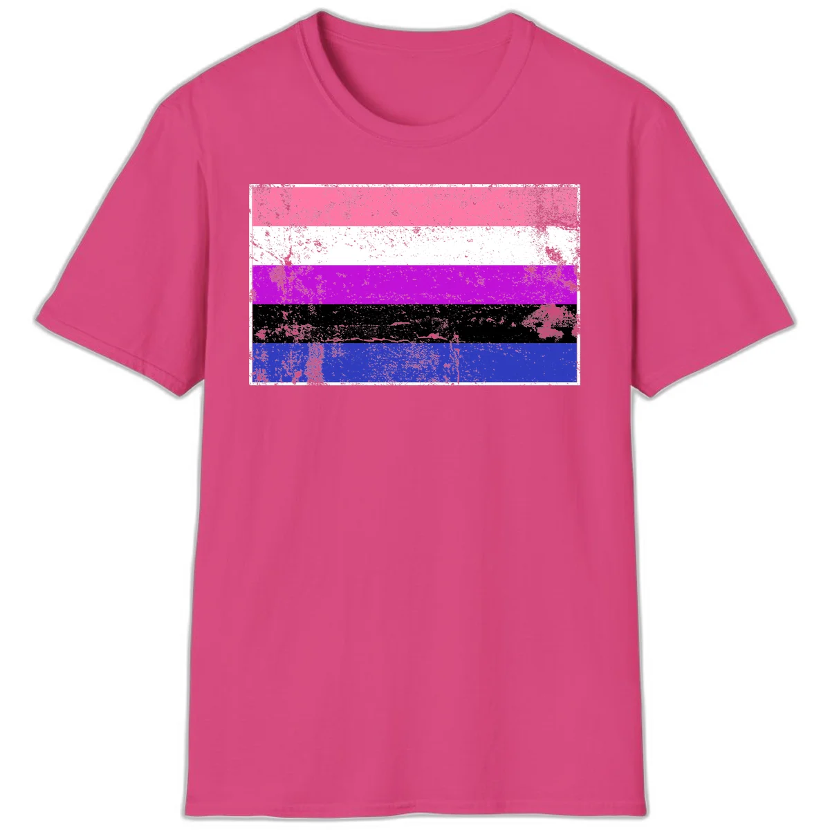Genderqueer pride flag with horizontal stripes in hot pink, white, magenta, black, and blue featuring distressed grunge texture in Heliconia