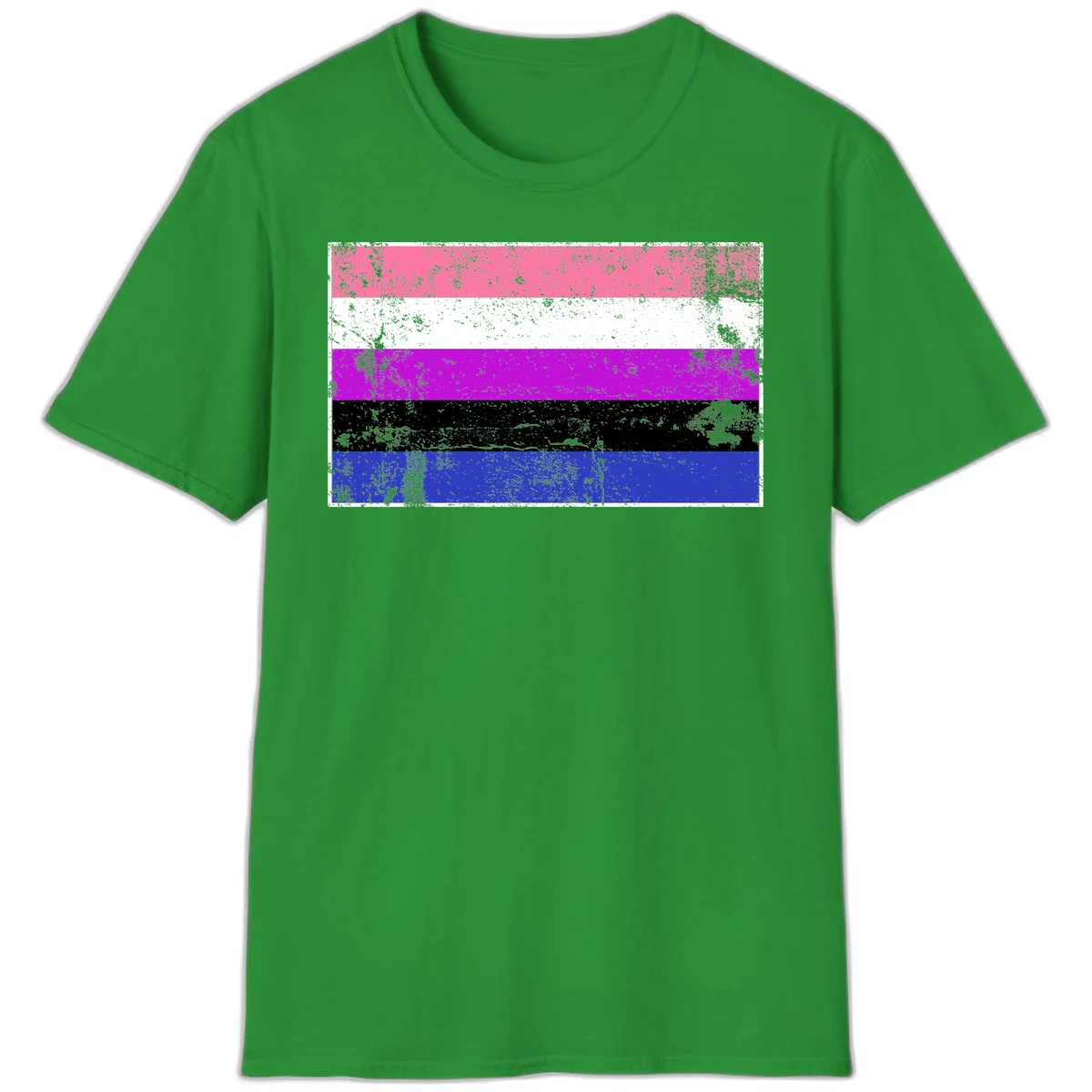 Genderqueer pride flag with horizontal stripes in hot pink, white, magenta, black, and blue featuring distressed grunge texture in Irish Green