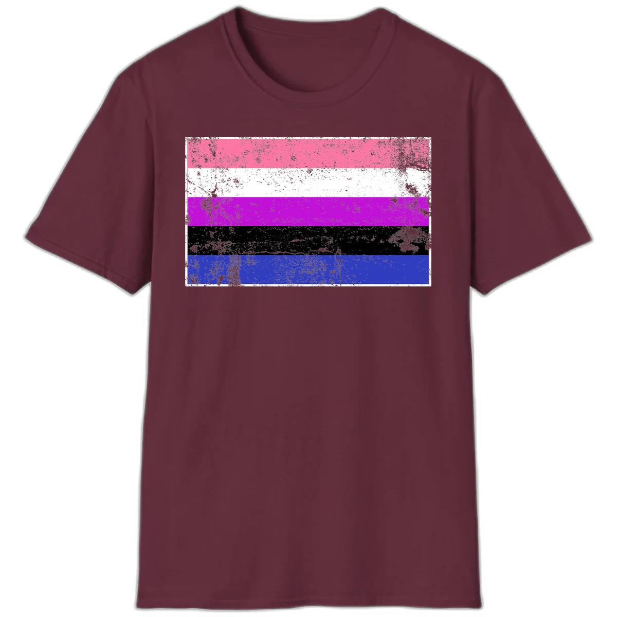Genderqueer pride flag with horizontal stripes in hot pink, white, magenta, black, and blue featuring distressed grunge texture in Maroon