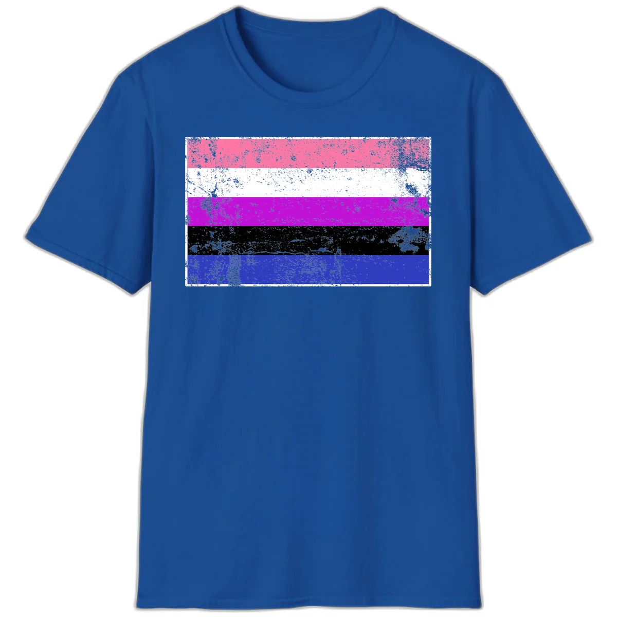 Genderqueer pride flag with horizontal stripes in hot pink, white, magenta, black, and blue featuring distressed grunge texture in Royal