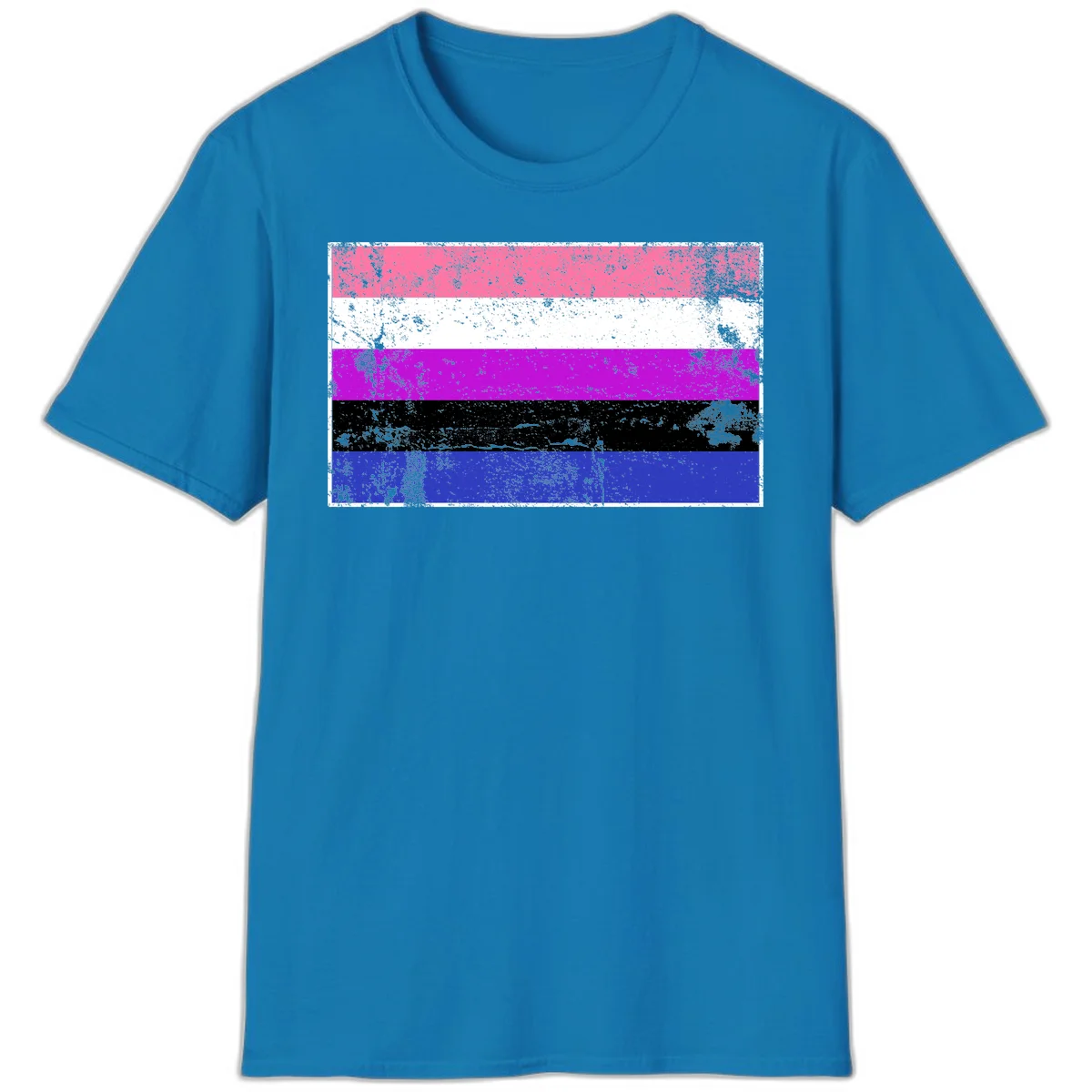 Genderqueer pride flag with horizontal stripes in hot pink, white, magenta, black, and blue featuring distressed grunge texture in Sapphire