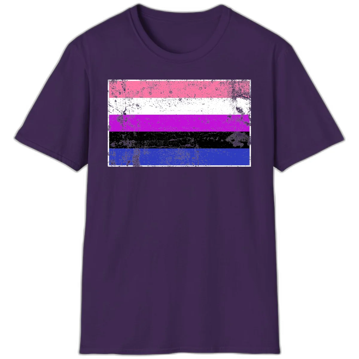 Genderqueer pride flag with horizontal stripes in hot pink, white, magenta, black, and blue featuring distressed grunge texture in Purple