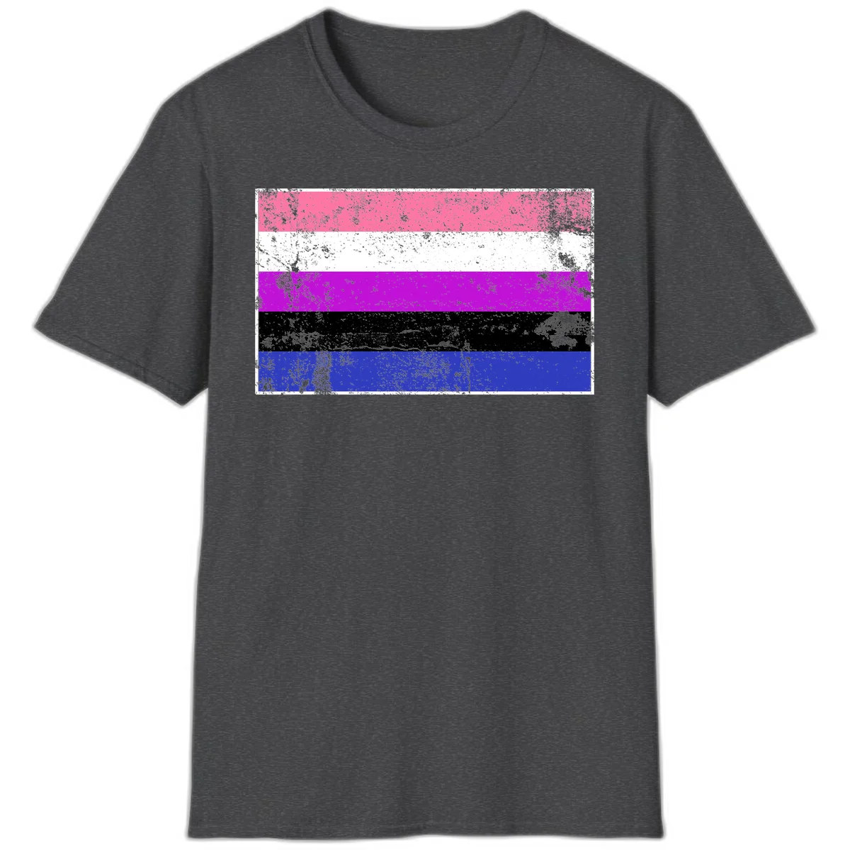 Genderqueer pride flag with horizontal stripes in hot pink, white, magenta, black, and blue featuring distressed grunge texture in Dark Heather