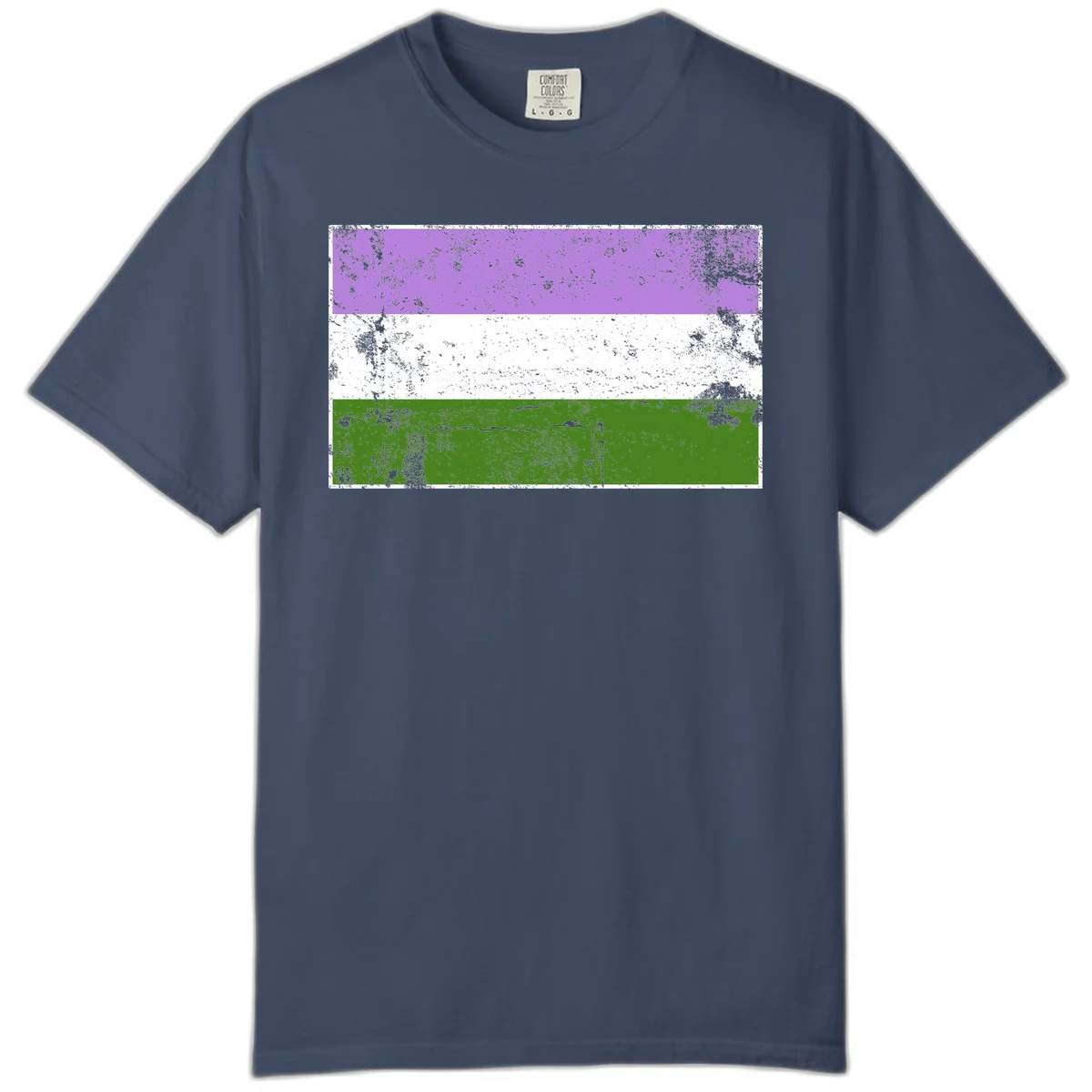 Genderqueer pride flag with purple, white, and green horizontal stripes featuring distressed grunge texture overlay in Midnight