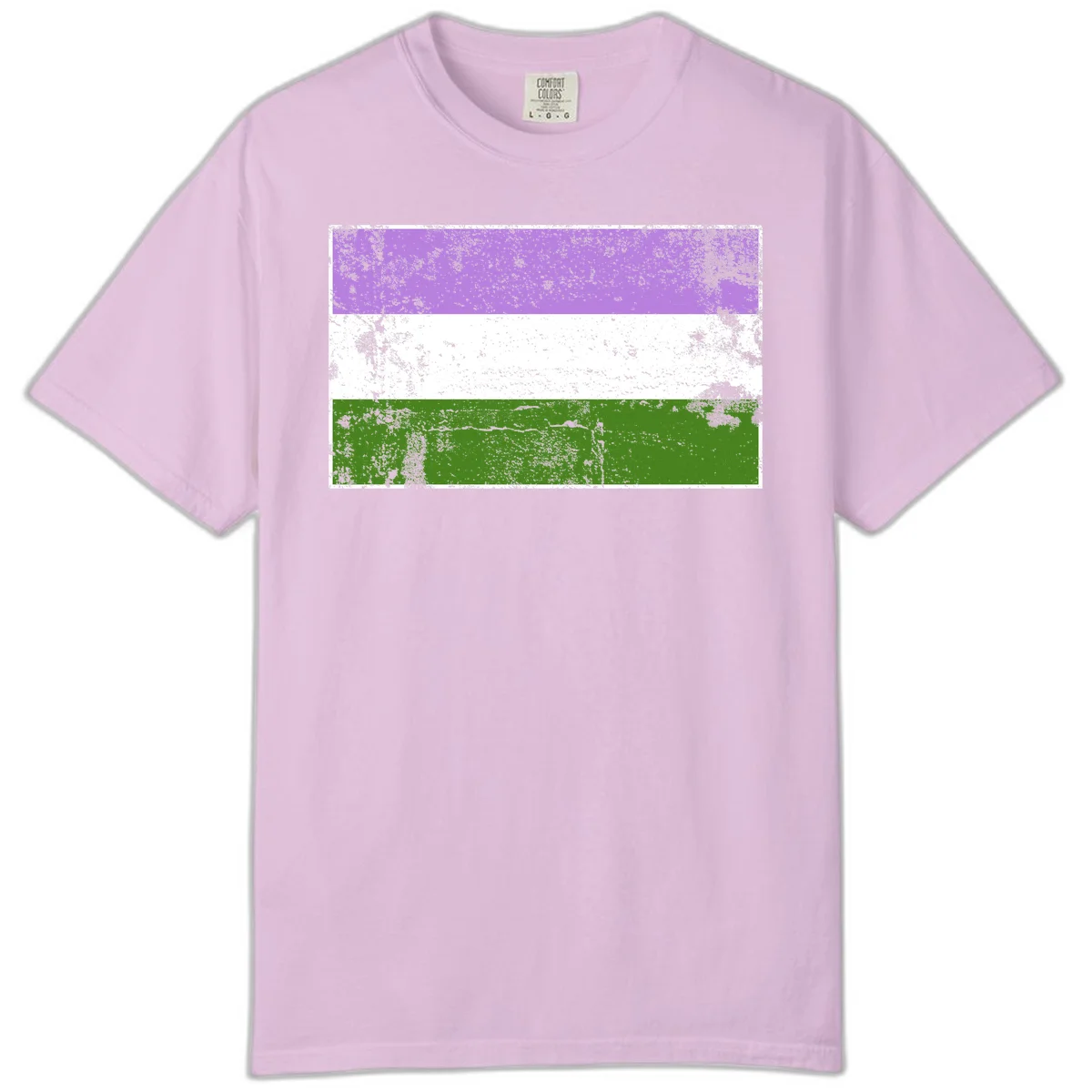 Genderqueer pride flag with purple, white, and green horizontal stripes featuring distressed grunge texture overlay in Orchid