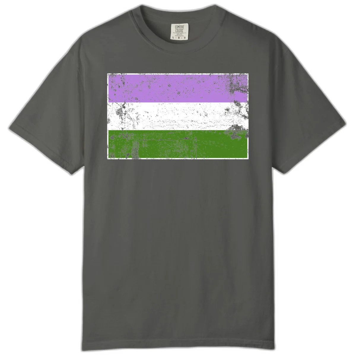 Genderqueer pride flag with purple, white, and green horizontal stripes featuring distressed grunge texture overlay in Pepper