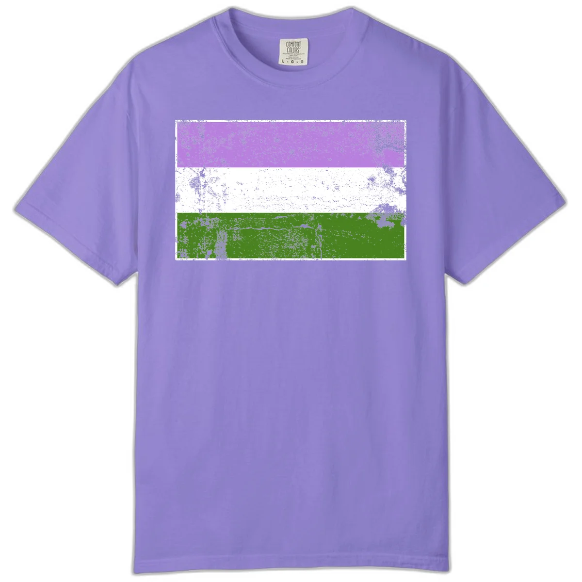 Genderqueer pride flag with purple, white, and green horizontal stripes featuring distressed grunge texture overlay in Violet